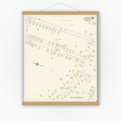 Old map wall art mockup — magnetic wood frame on white wall — Sanborn Fire Insurance Map from Perry, Wyoming County, New York (1913), Sheet #0013