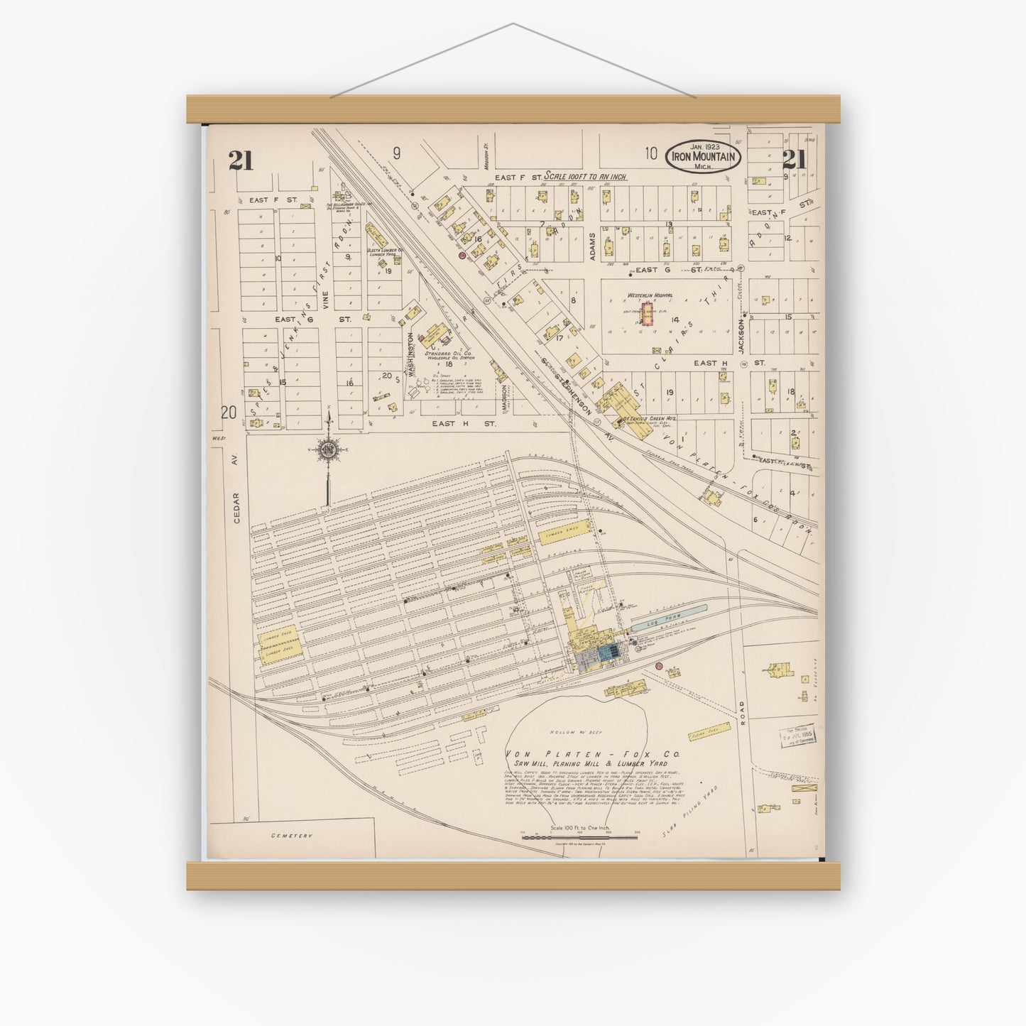 Old map wall art mockup — magnetic wood frame on white wall — Sanborn Fire Insurance Map from Iron Mountain, Dickinson County, Michigan (1923), Sheet #0021