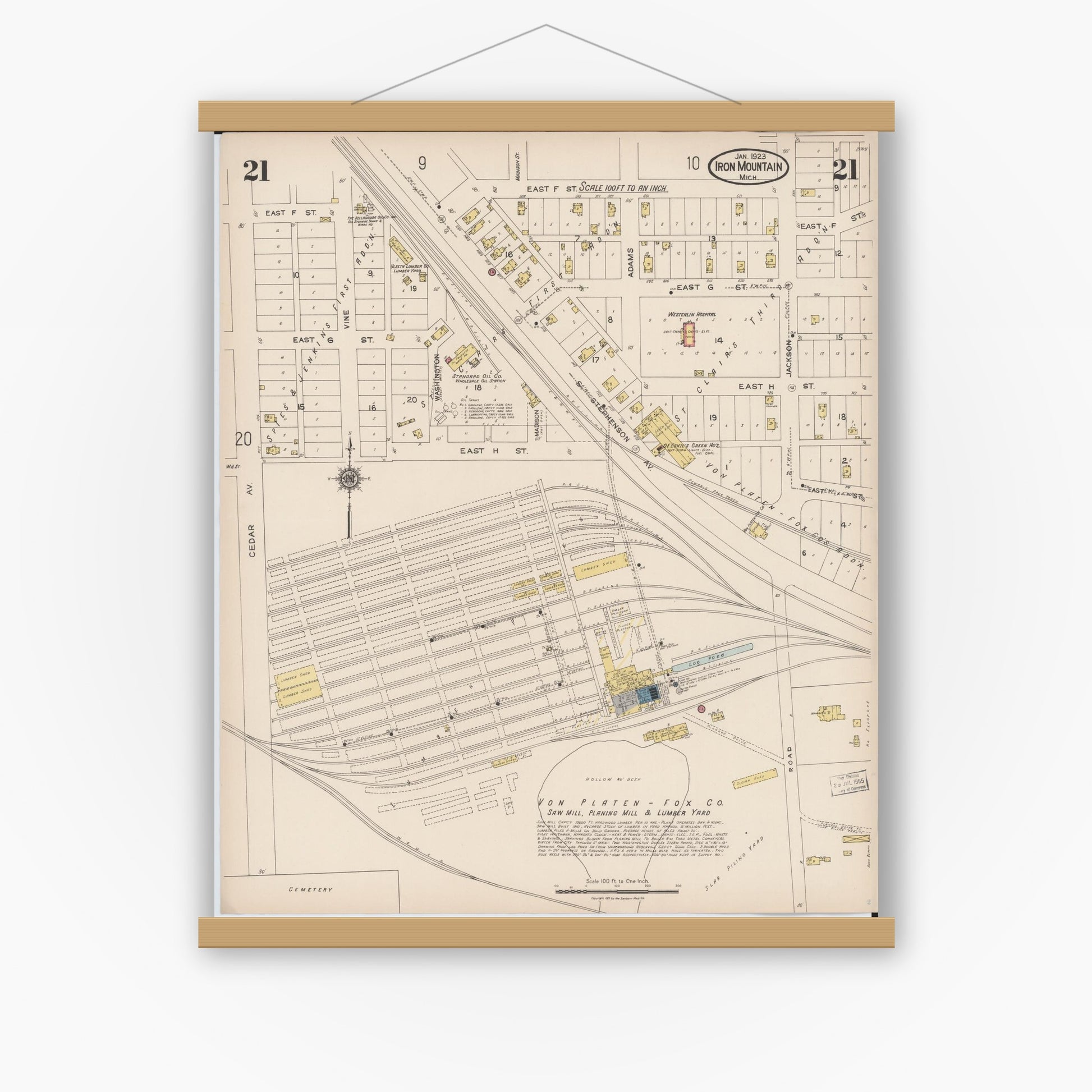 Old map wall art mockup — magnetic wood frame on white wall — Sanborn Fire Insurance Map from Iron Mountain, Dickinson County, Michigan (1923), Sheet #0021