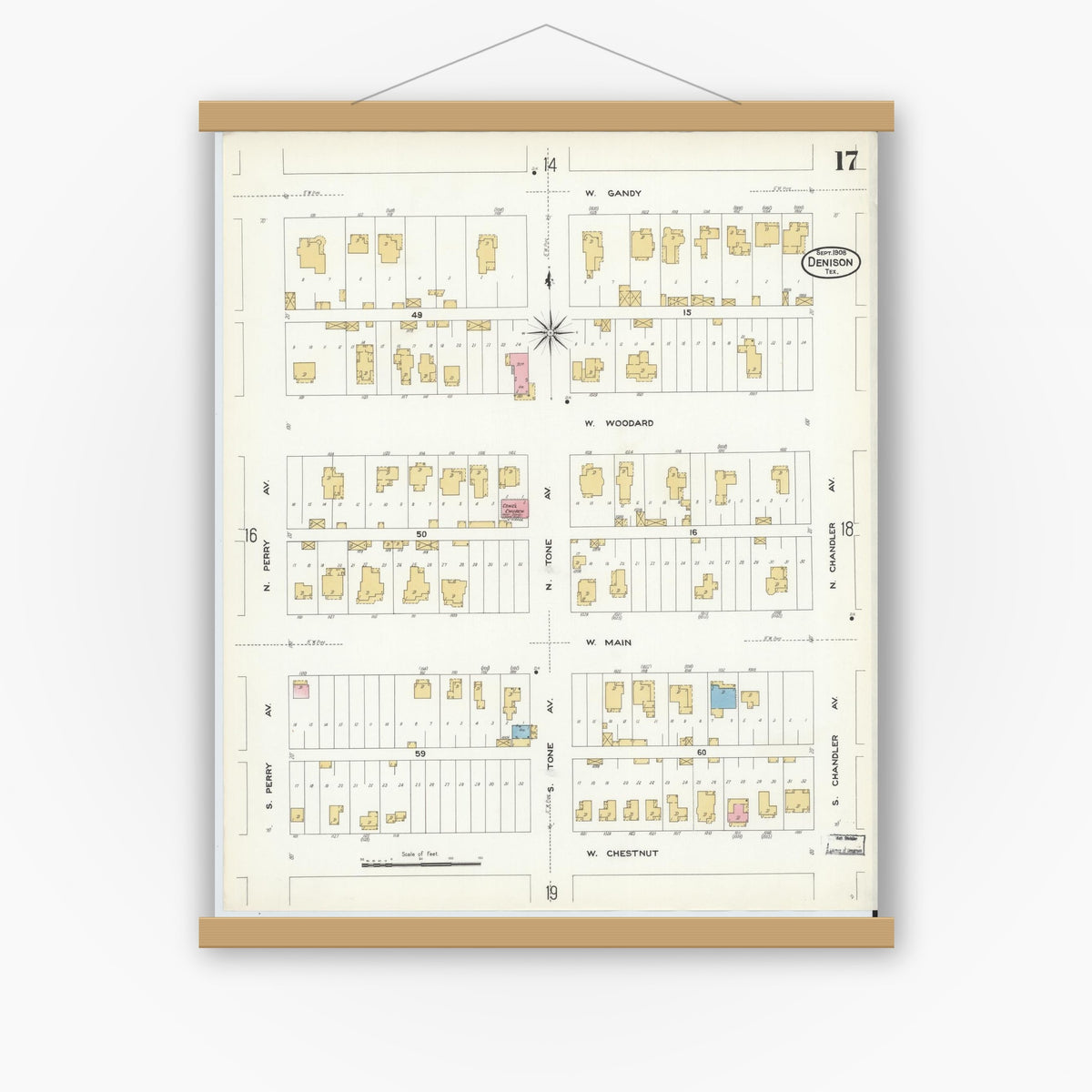 Old map wall art mockup — magnetic wood frame on white wall — Sanborn Fire Insurance Map from Denison, Grayson County, Texas (1908), Sheet #0017