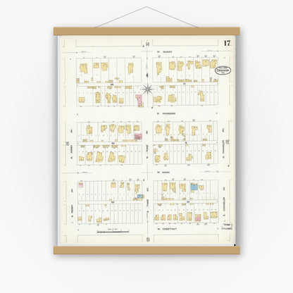 Old map wall art mockup — magnetic wood frame on white wall — Sanborn Fire Insurance Map from Denison, Grayson County, Texas (1908), Sheet #0017