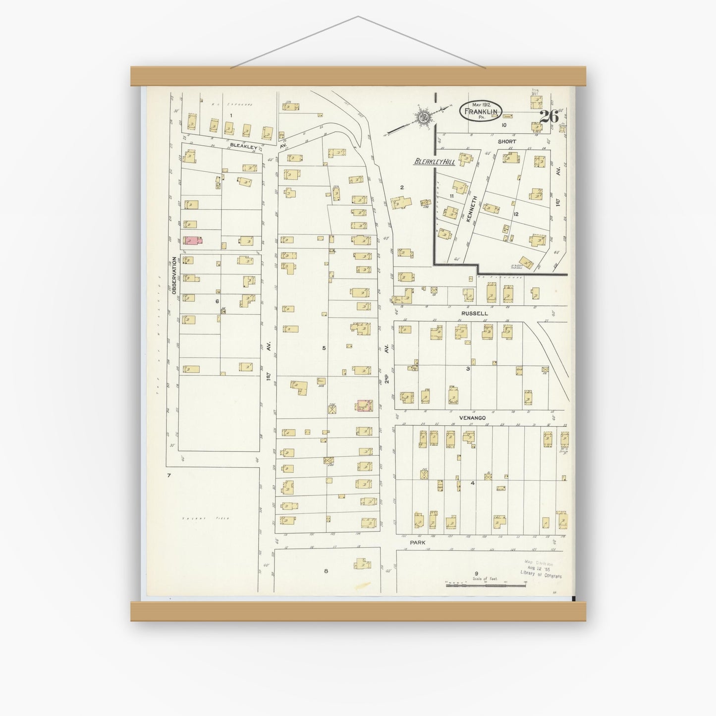 Old map wall art mockup — magnetic wood frame on white wall — Sanborn Fire Insurance Map from Franklin, Venango County, Pennsylvania (1912), Sheet #0026