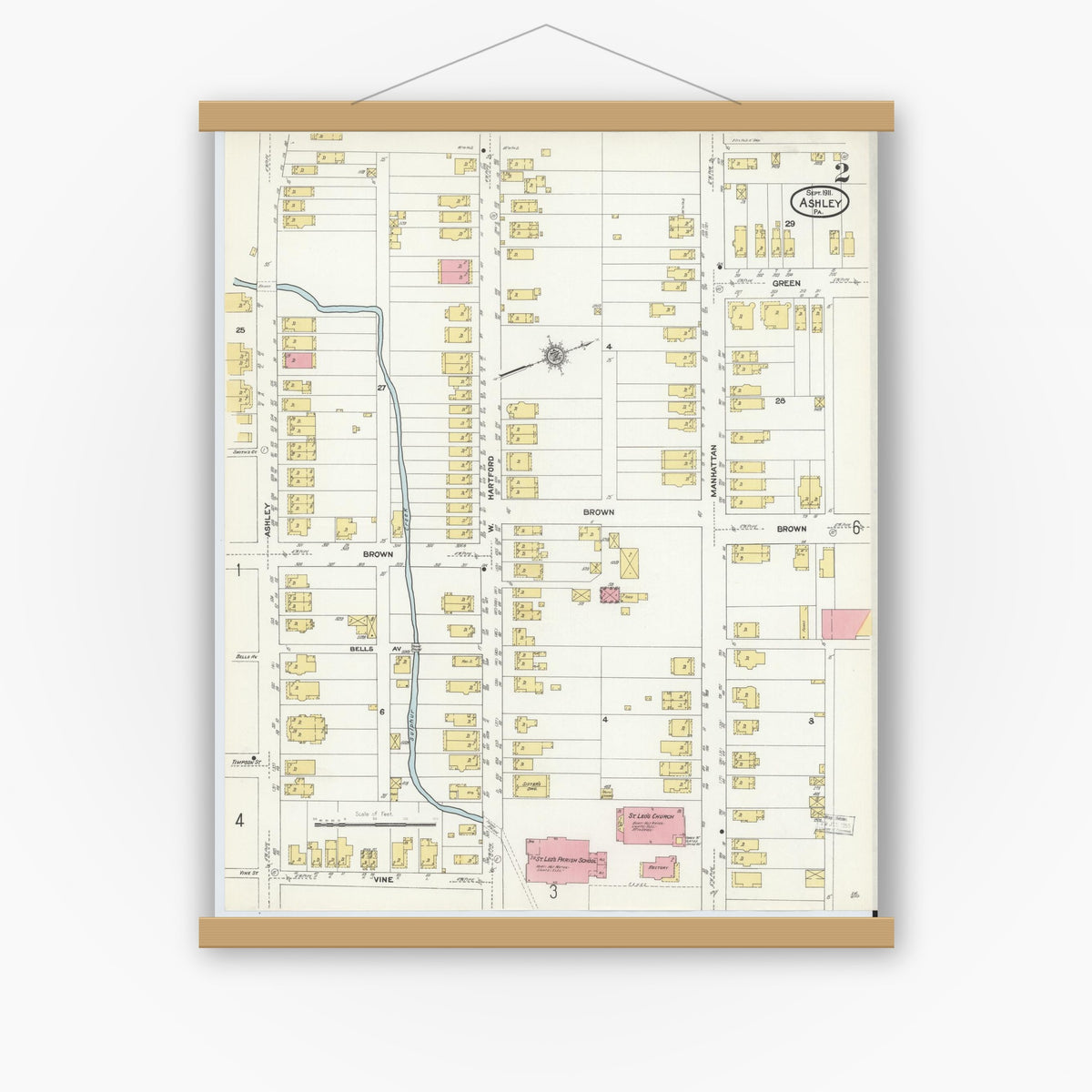 Old map wall art mockup — magnetic wood frame on white wall — Sanborn Fire Insurance Map from Ashley, Luzerne County, Pennsylvania (1911), Sheet #0002