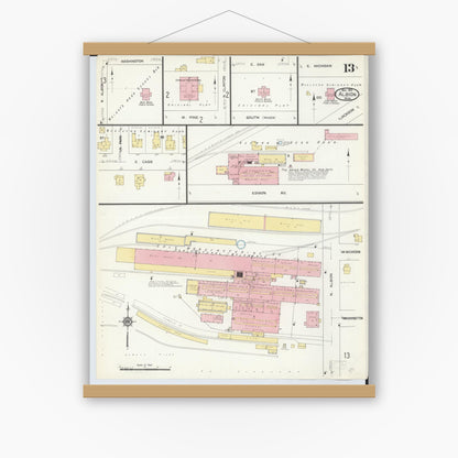 Old map wall art mockup — magnetic wood frame on white wall — Sanborn Fire Insurance Map from Albion, Calhoun County, Michigan (1913), Sheet #0013