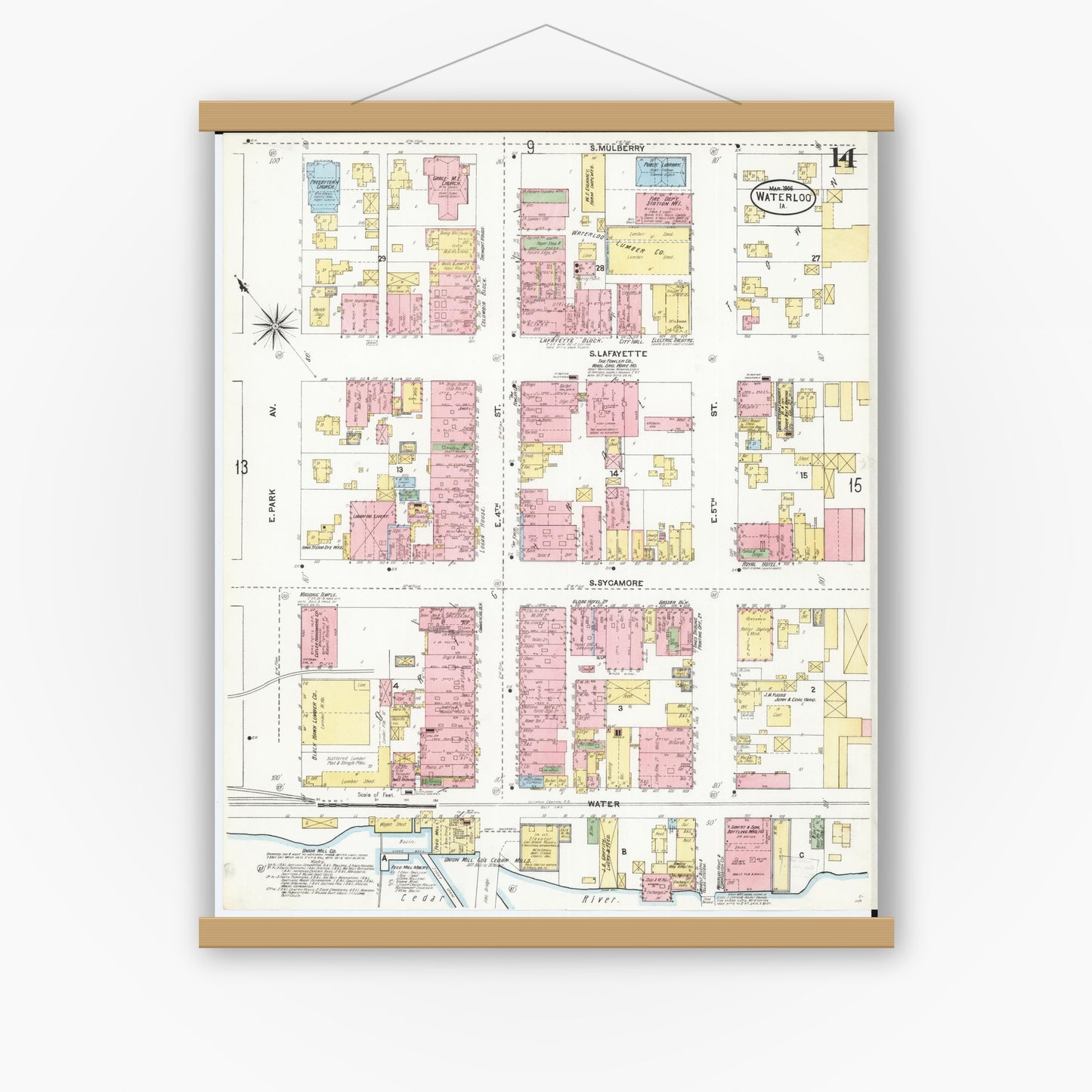 Old map wall art mockup — magnetic wood frame on white wall — Sanborn Fire Insurance Map from Waterloo, Black Hawk County, Iowa (1906), Sheet #0014