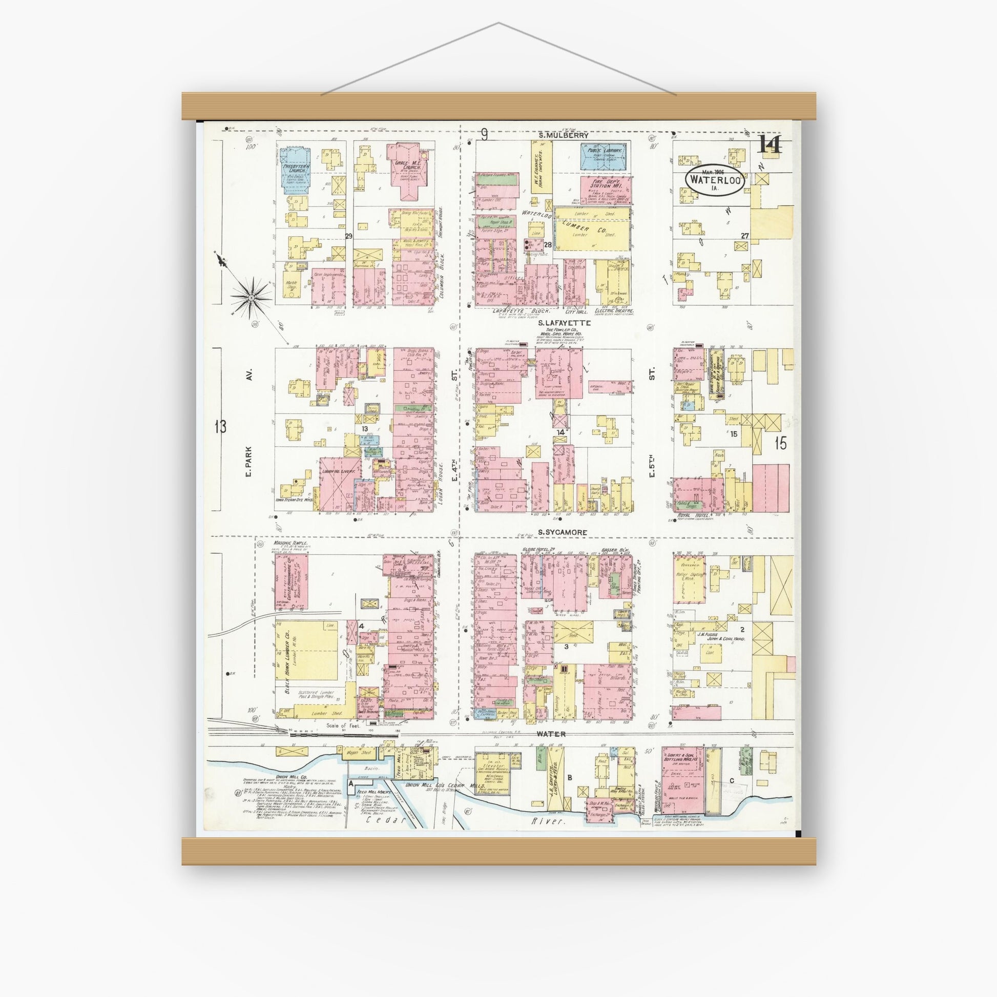 Old map wall art mockup — magnetic wood frame on white wall — Sanborn Fire Insurance Map from Waterloo, Black Hawk County, Iowa (1906), Sheet #0014