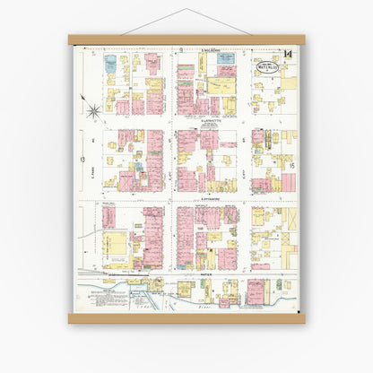 Old map wall art mockup — magnetic wood frame on white wall — Sanborn Fire Insurance Map from Waterloo, Black Hawk County, Iowa (1906), Sheet #0014