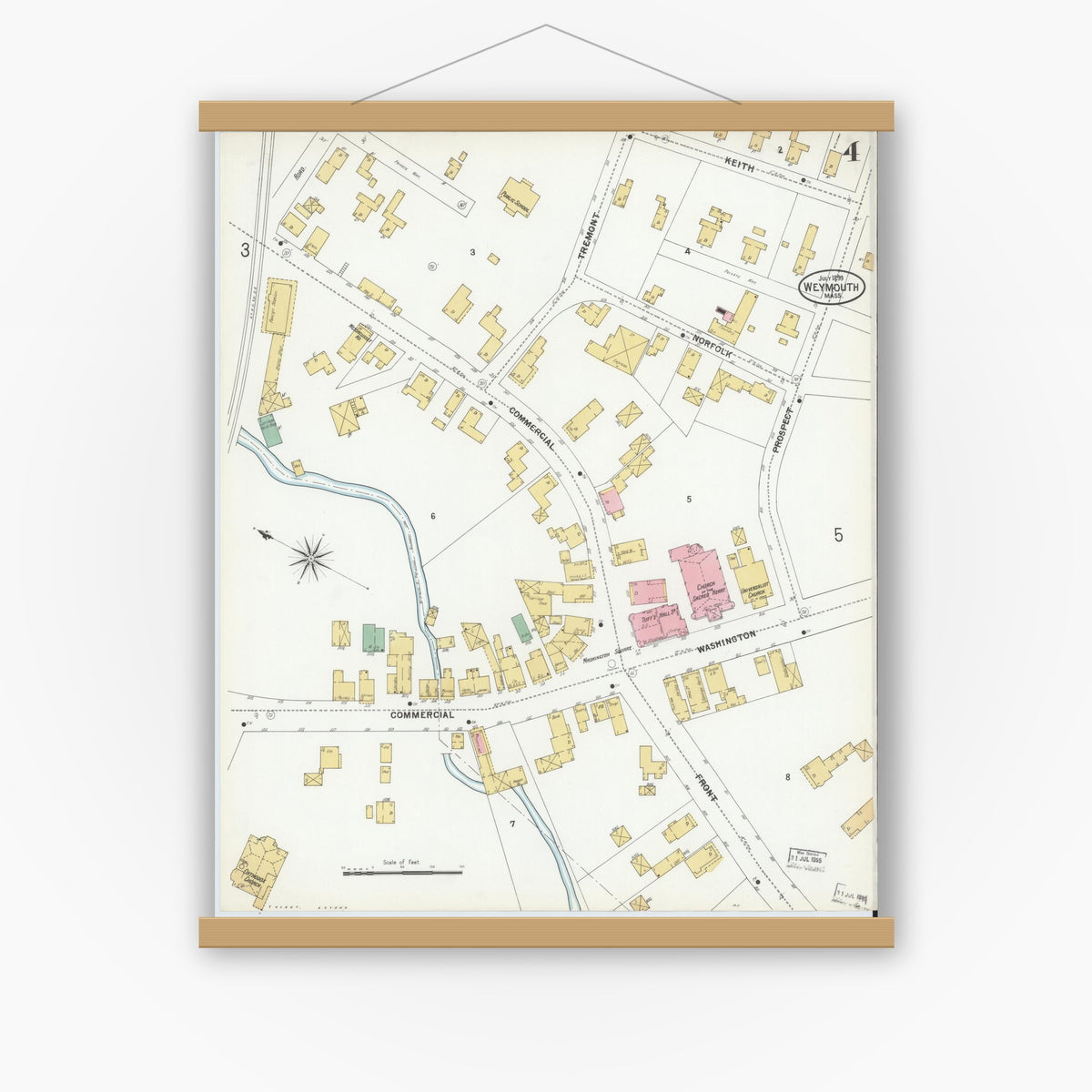 Old map wall art mockup — magnetic wood frame on white wall — Sanborn Fire Insurance Map from Weymouth, Norfolk County, Massachusetts (1899), Sheet #0004