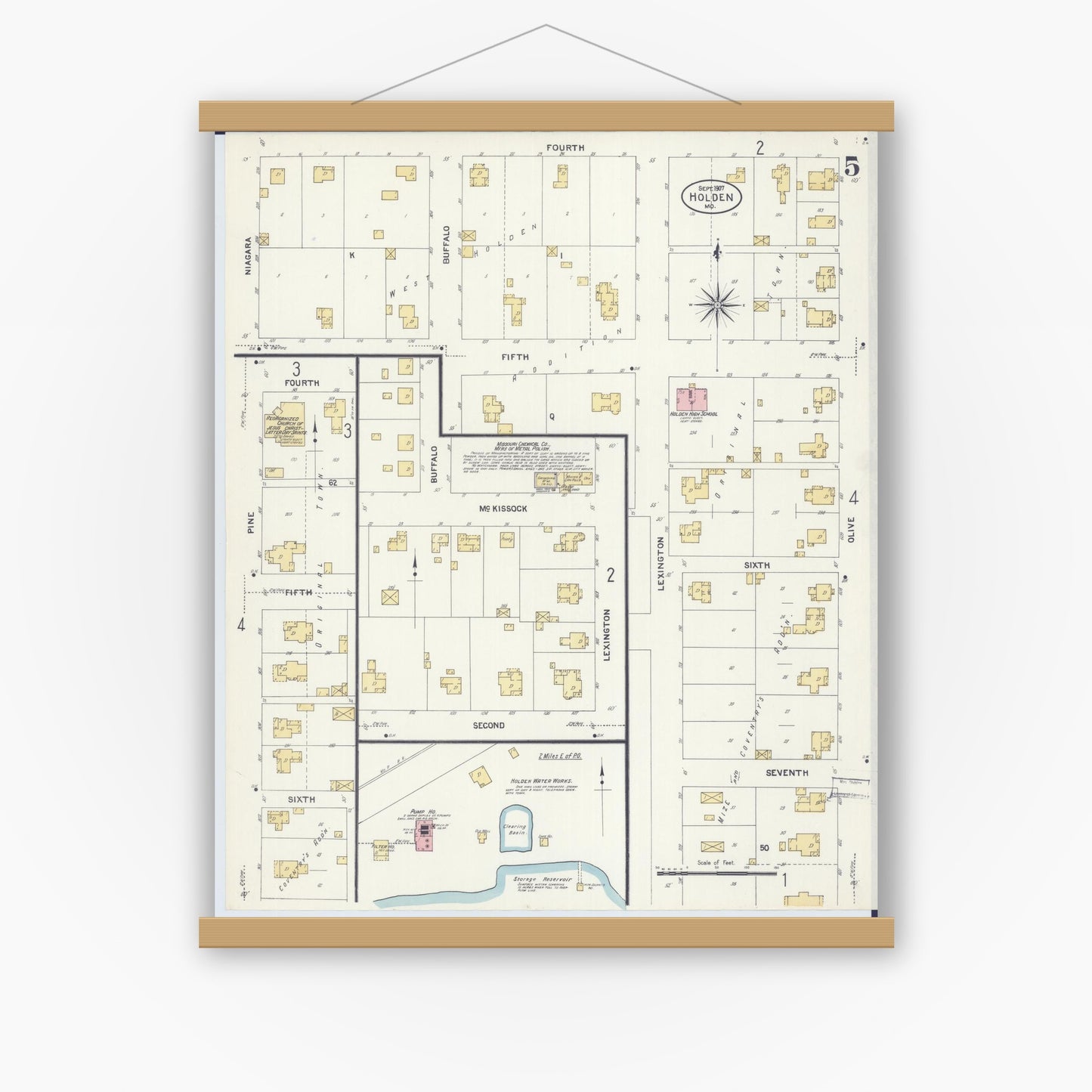 Old map wall art mockup — magnetic wood frame on white wall — Sanborn Fire Insurance Map from Holden, Johnson County, Missouri (1907), Sheet #0005