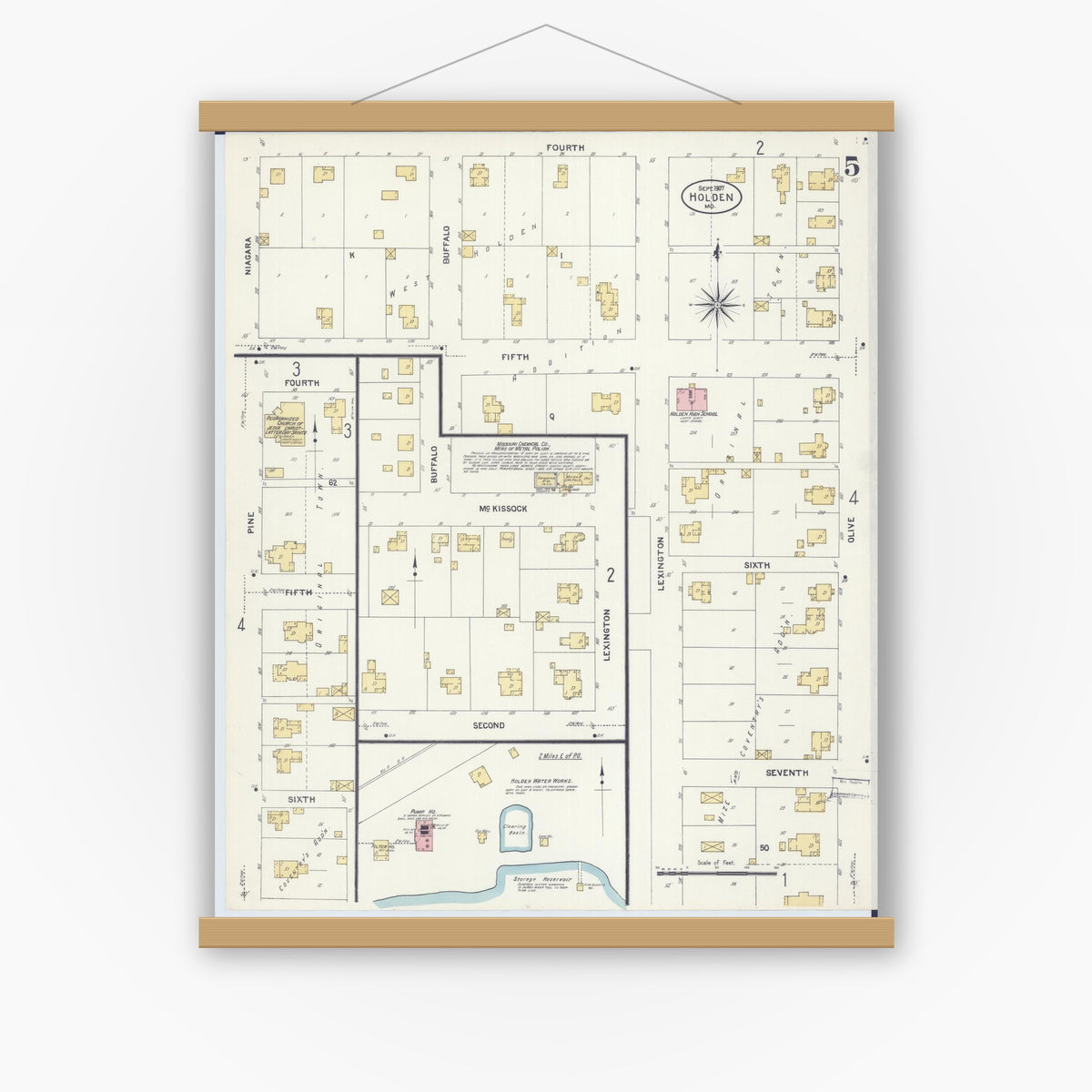 Old map wall art mockup — magnetic wood frame on white wall — Sanborn Fire Insurance Map from Holden, Johnson County, Missouri (1907), Sheet #0005