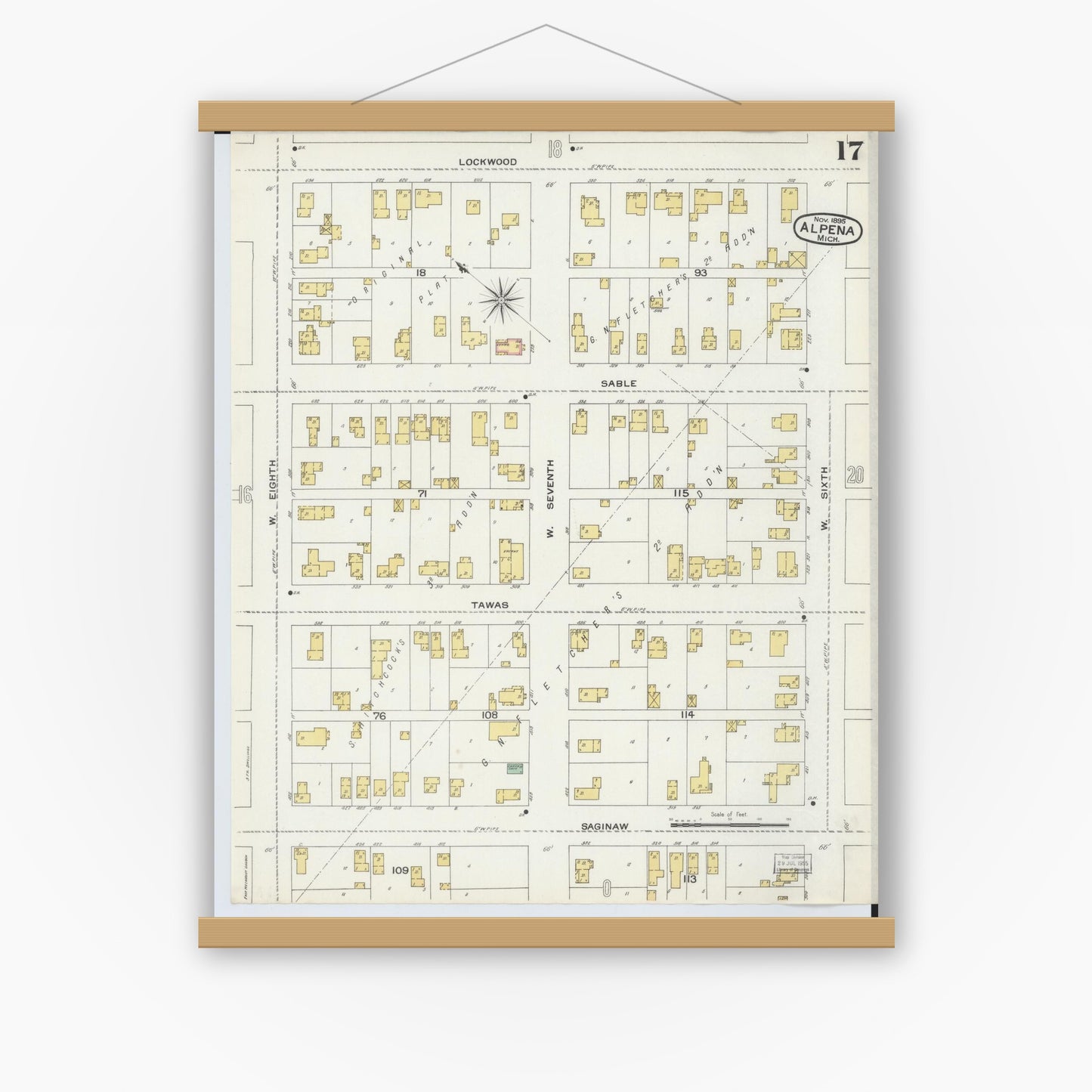 Old map wall art mockup — magnetic wood frame on white wall — Sanborn Fire Insurance Map from Alpena, Alpena County, Michigan (1895), Sheet #0017