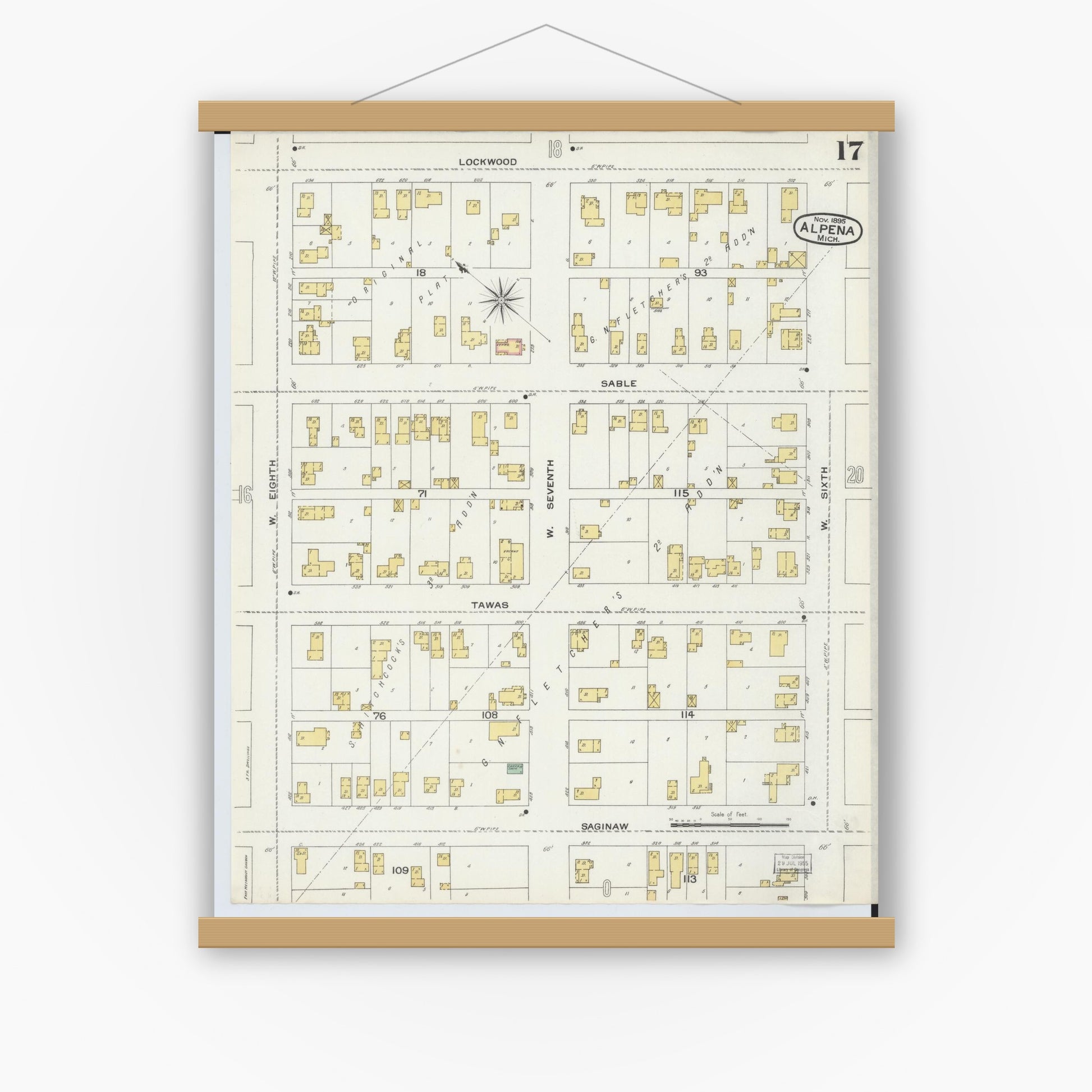 Old map wall art mockup — magnetic wood frame on white wall — Sanborn Fire Insurance Map from Alpena, Alpena County, Michigan (1895), Sheet #0017