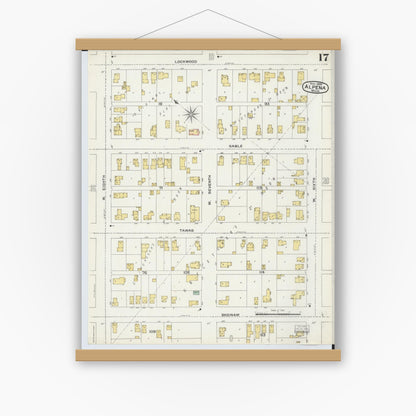 Old map wall art mockup — magnetic wood frame on white wall — Sanborn Fire Insurance Map from Alpena, Alpena County, Michigan (1895), Sheet #0017