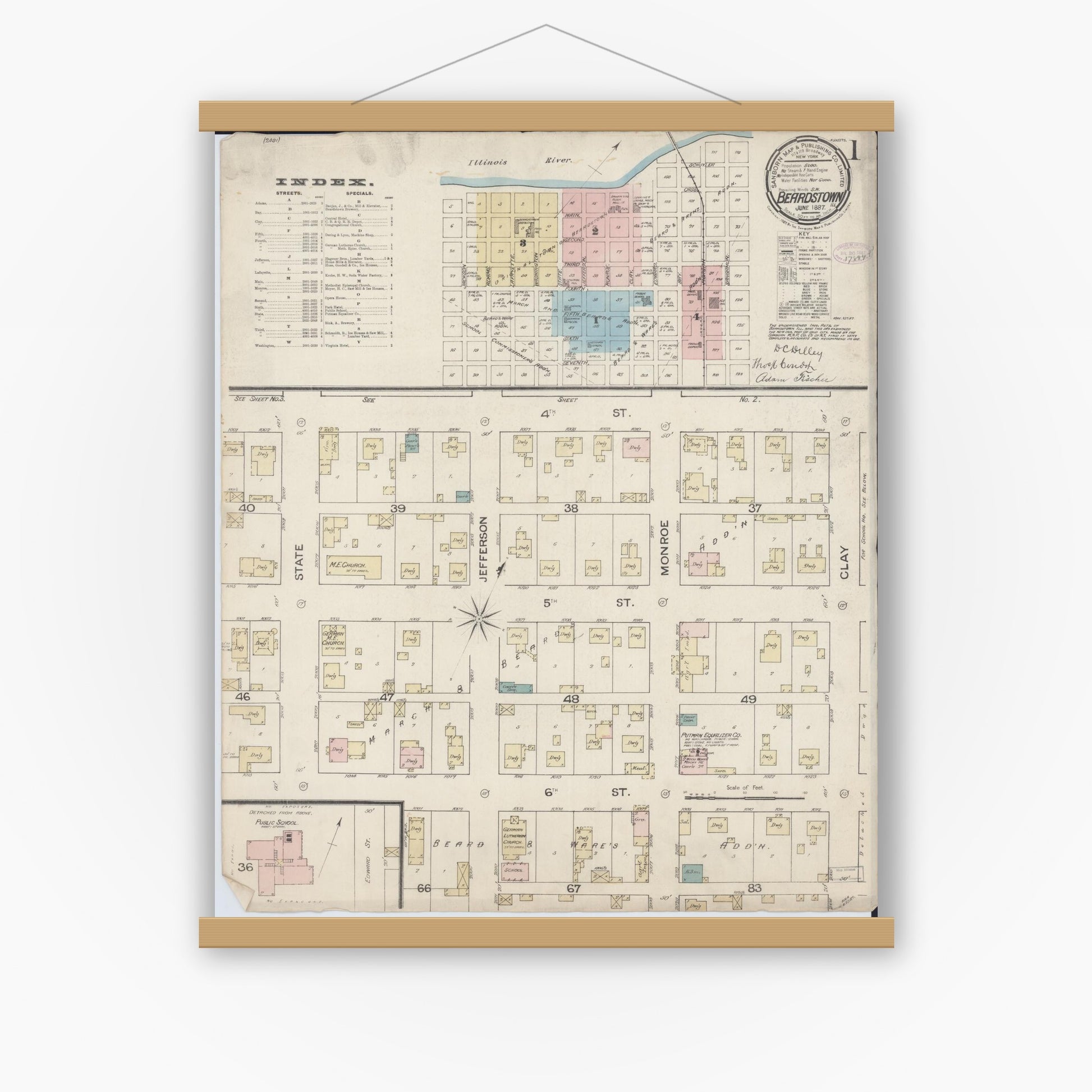 Old map wall art mockup — magnetic wood frame on white wall — Sanborn Fire Insurance Map from Beardstown, Cass County, Illinois (1887) - Complete Map Set
