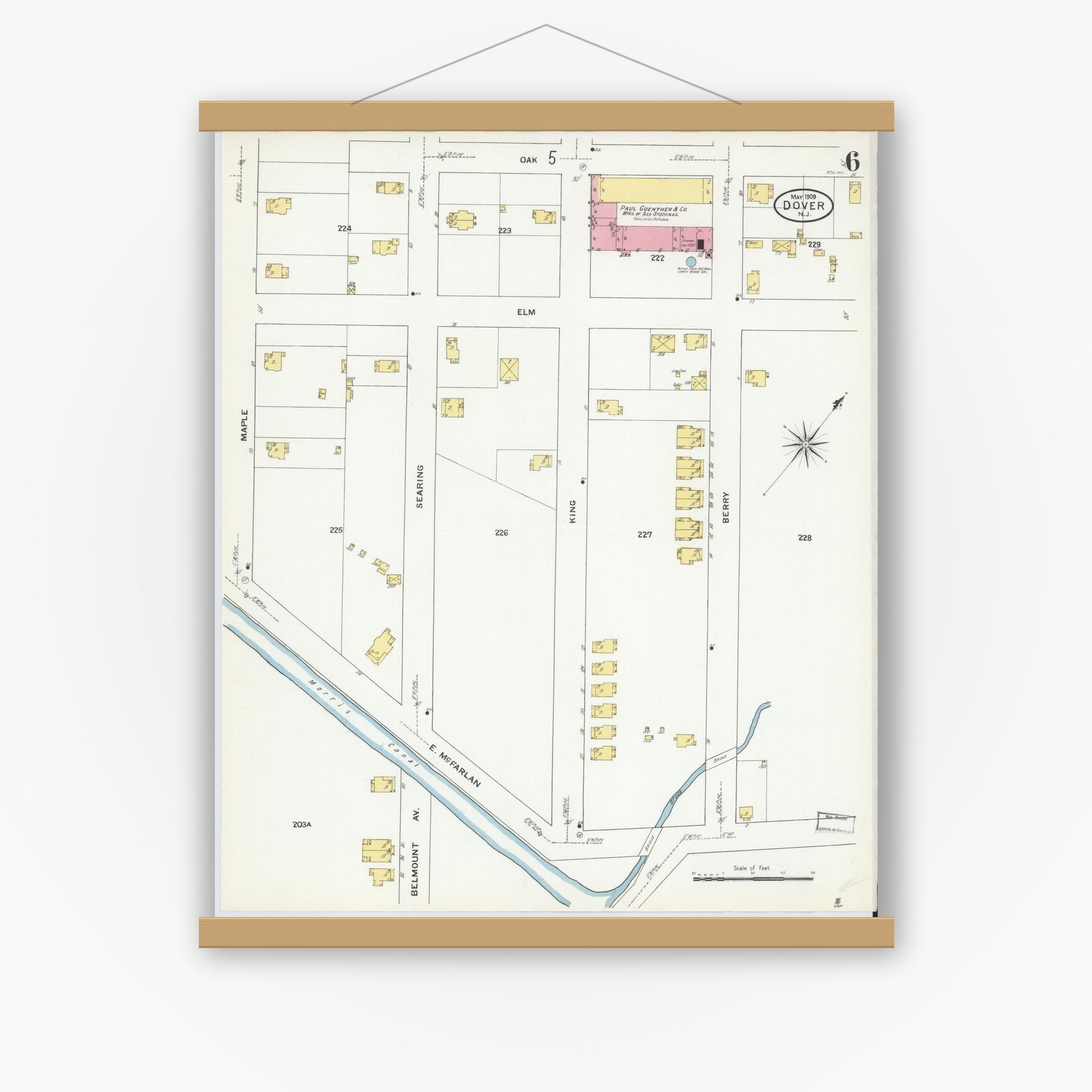Old map wall art mockup — magnetic wood frame on white wall — Sanborn Fire Insurance Map from Dover, Morris County, New Jersey (1909), Sheet #0006
