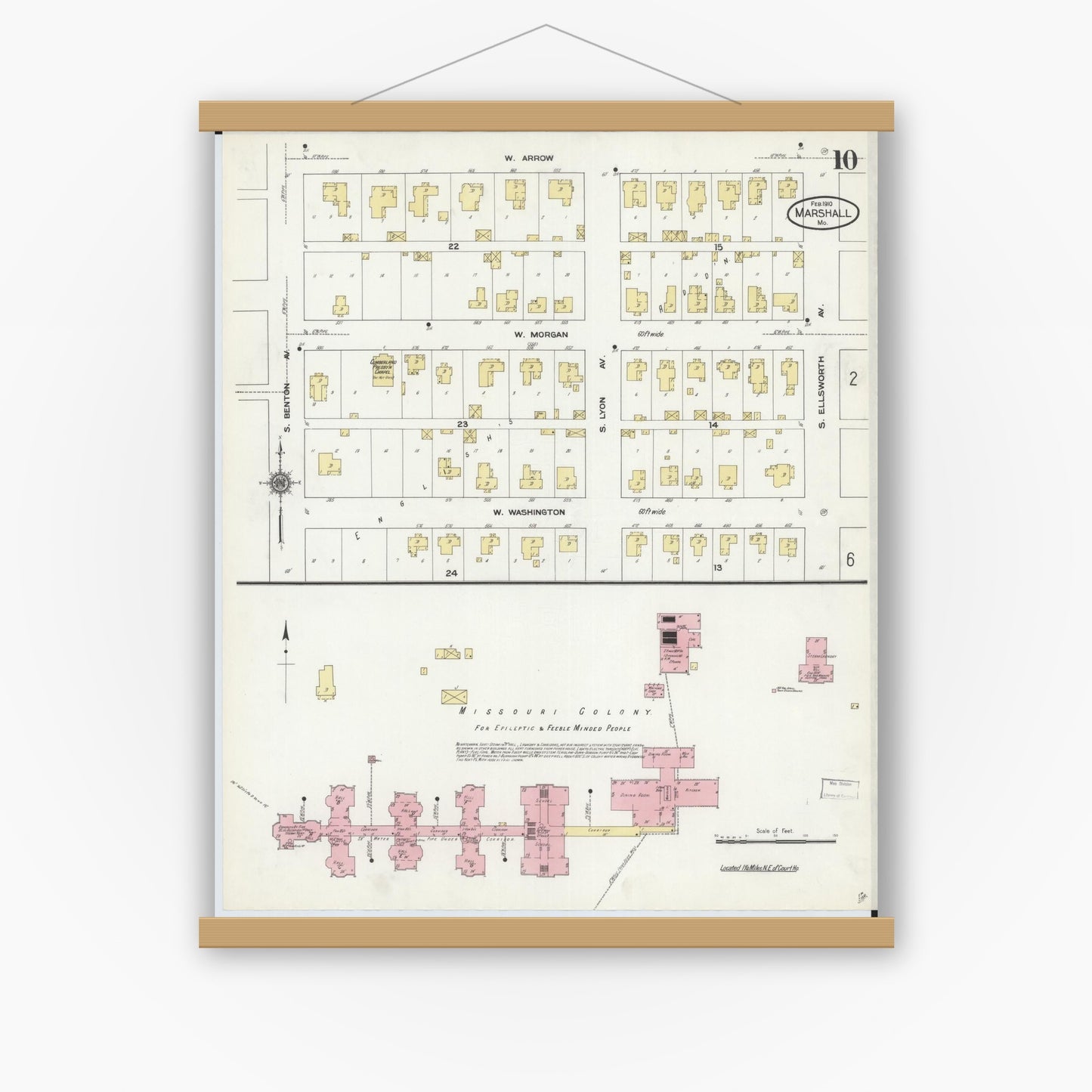 Old map wall art mockup — magnetic wood frame on white wall — Sanborn Fire Insurance Map from Marshall, Saline County, Missouri (1910), Sheet #0010