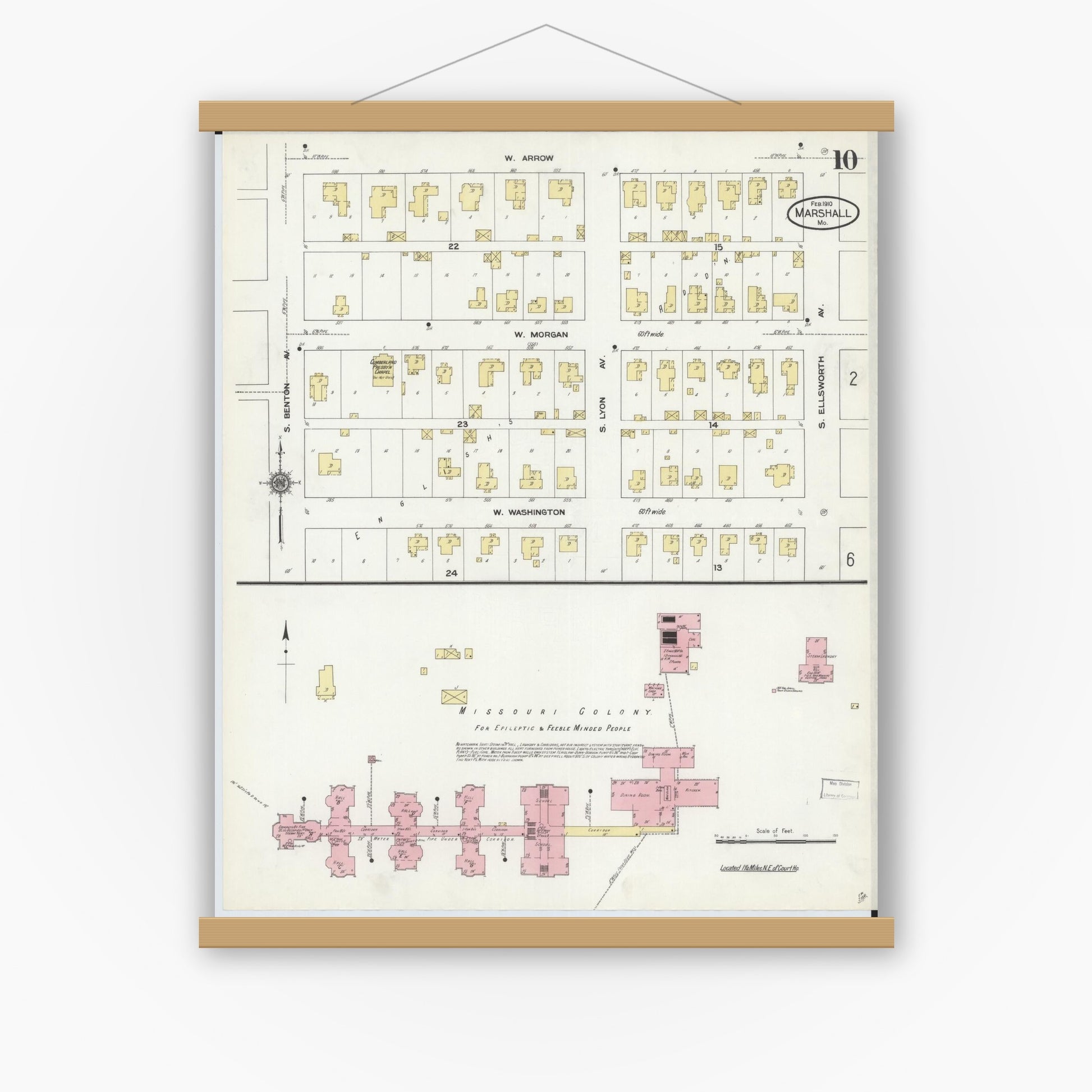 Old map wall art mockup — magnetic wood frame on white wall — Sanborn Fire Insurance Map from Marshall, Saline County, Missouri (1910), Sheet #0010