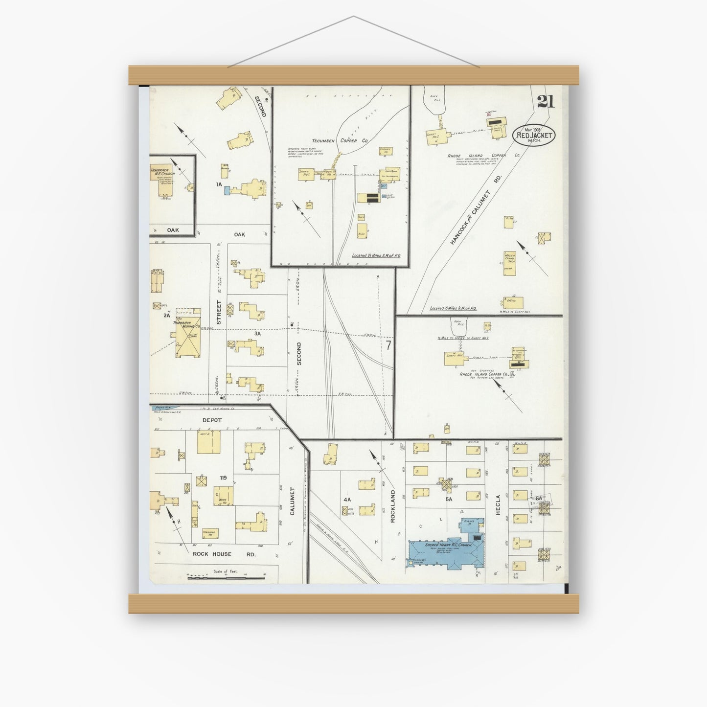 Old map wall art mockup — magnetic wood frame on white wall — Sanborn Fire Insurance Map from Red Jacket, Houghton County, Michigan (1908), Sheet #0021