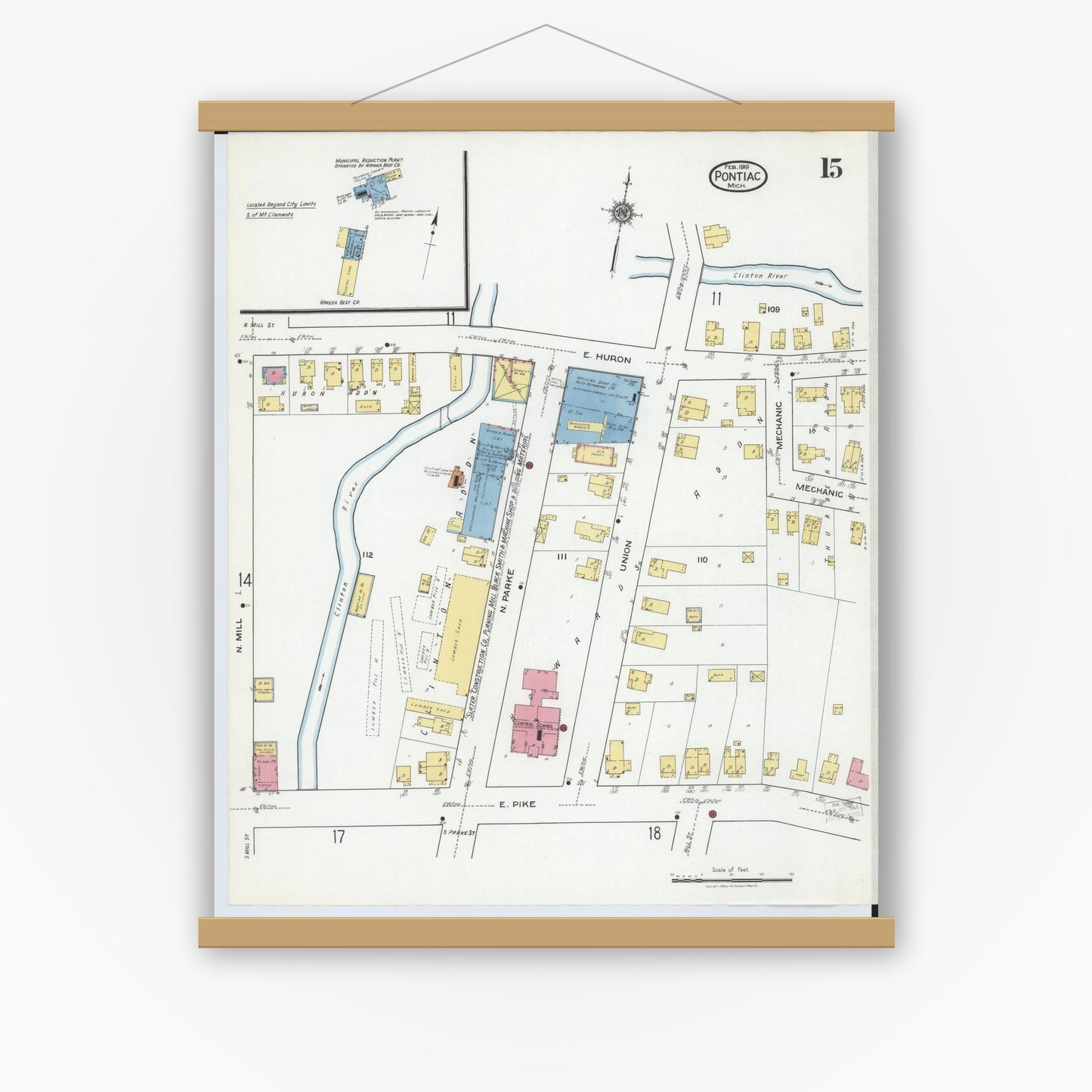 Old map wall art mockup — magnetic wood frame on white wall — Sanborn Fire Insurance Map from Pontiac, Oakland County, Michigan (1919), Sheet #0015
