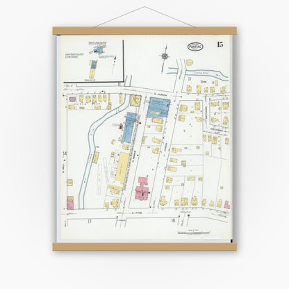 Old map wall art mockup — magnetic wood frame on white wall — Sanborn Fire Insurance Map from Pontiac, Oakland County, Michigan (1919), Sheet #0015