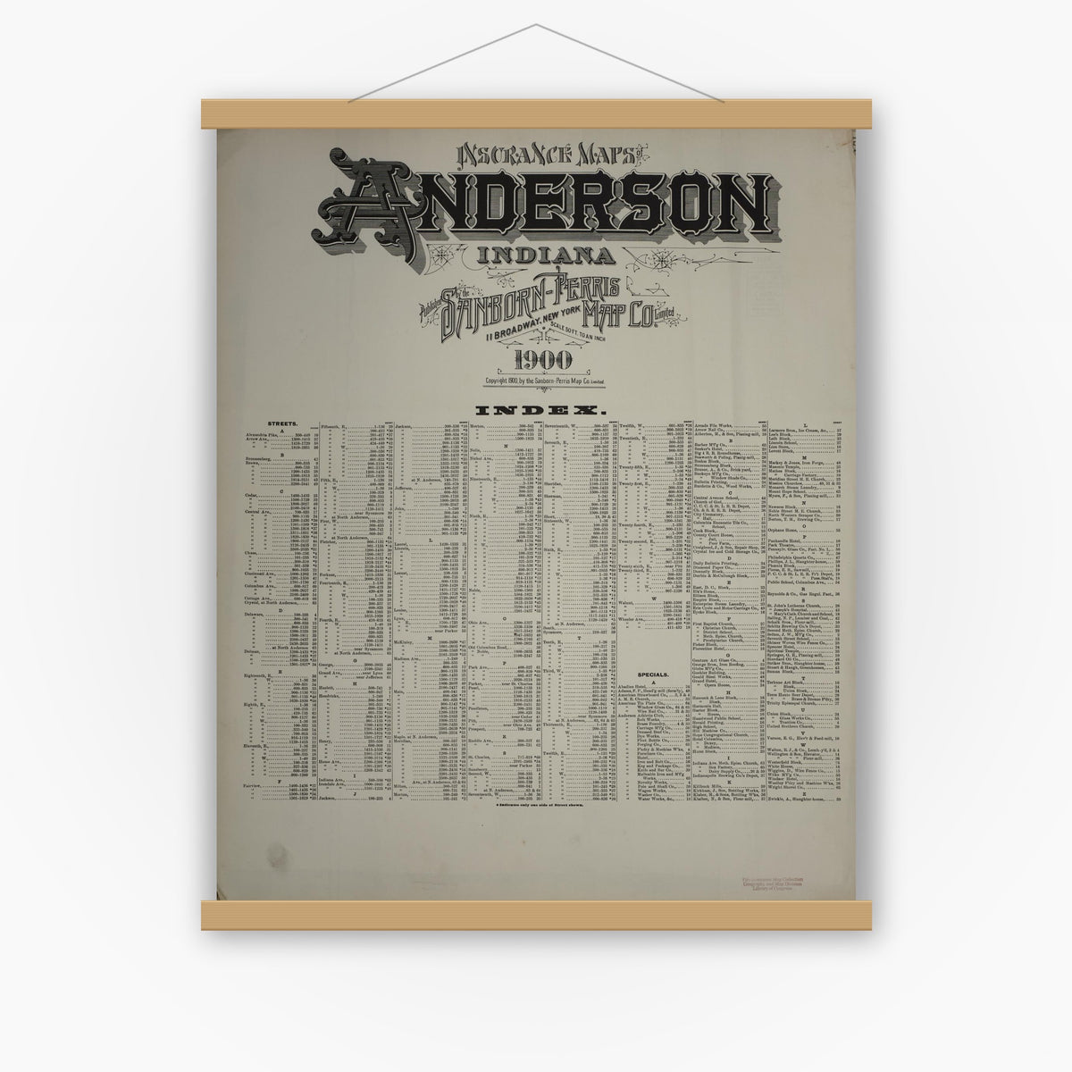 Old map wall art mockup — magnetic wood frame on white wall — Sanborn Fire Insurance Map from Anderson, Madison County, Indiana (1900), Sheet #0001