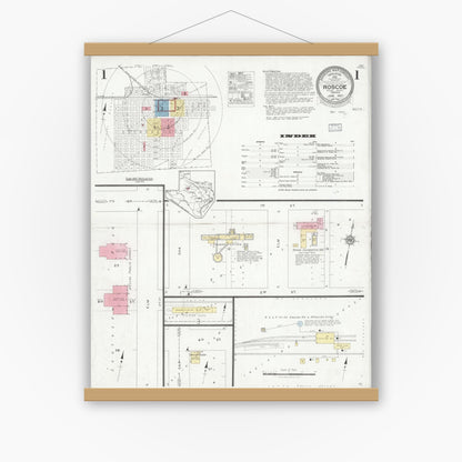 Old map wall art mockup — magnetic wood frame on white wall — Sanborn Fire Insurance Map from Roscoe, Nolan County, Texas (1927) - Complete Map Set