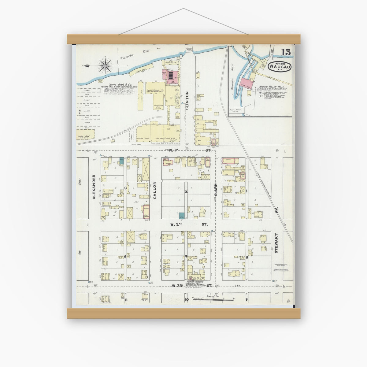 Old map wall art mockup — magnetic wood frame on white wall — Sanborn Fire Insurance Map from Wausau, Marathon County, Wisconsin (1891), Sheet #0015
