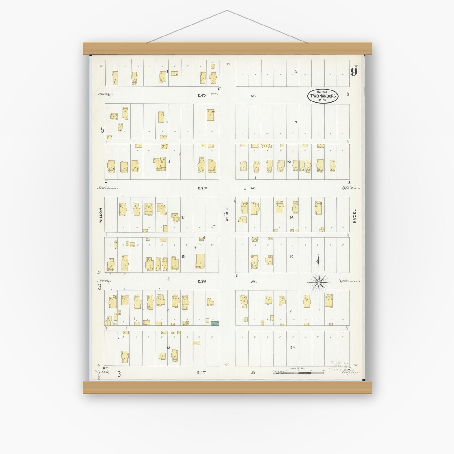Old map wall art mockup — magnetic wood frame on white wall — Sanborn Fire Insurance Map from Two Harbors, Lake County, Minnesota (1907), Sheet #0009