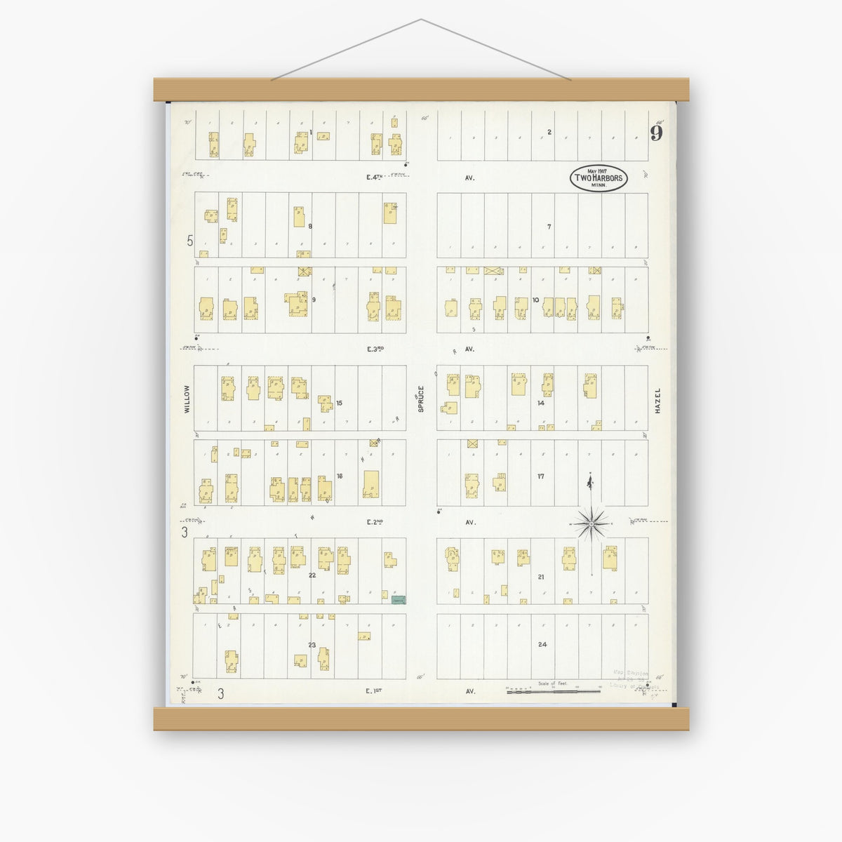 Old map wall art mockup — magnetic wood frame on white wall — Sanborn Fire Insurance Map from Two Harbors, Lake County, Minnesota (1907), Sheet #0009