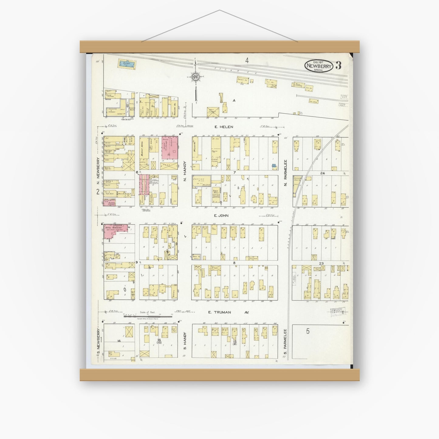 Old map wall art mockup — magnetic wood frame on white wall — Sanborn Fire Insurance Map from Newberry, Luce County, Michigan (1917), Sheet #0003