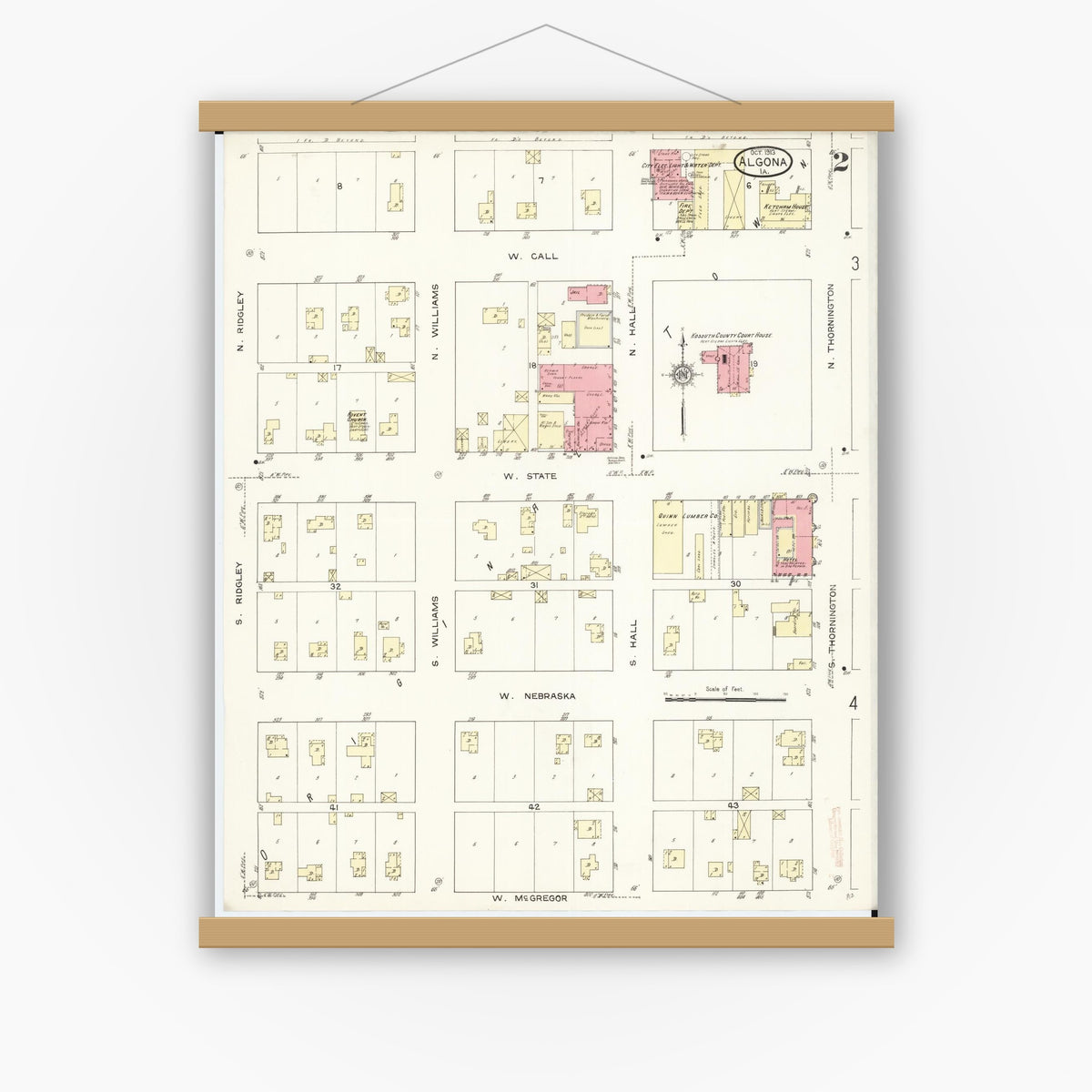 Old map wall art mockup — magnetic wood frame on white wall — Sanborn Fire Insurance Map from Algona, Kossuth County, Iowa (1913), Sheet #0002