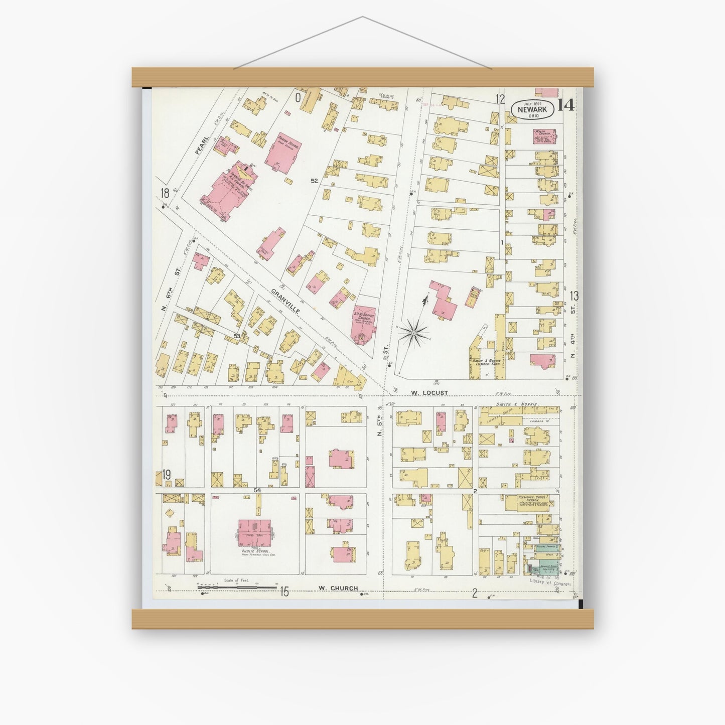 Old map wall art mockup — magnetic wood frame on white wall — Sanborn Fire Insurance Map from Newark, Licking County, Ohio (1899), Sheet #0014