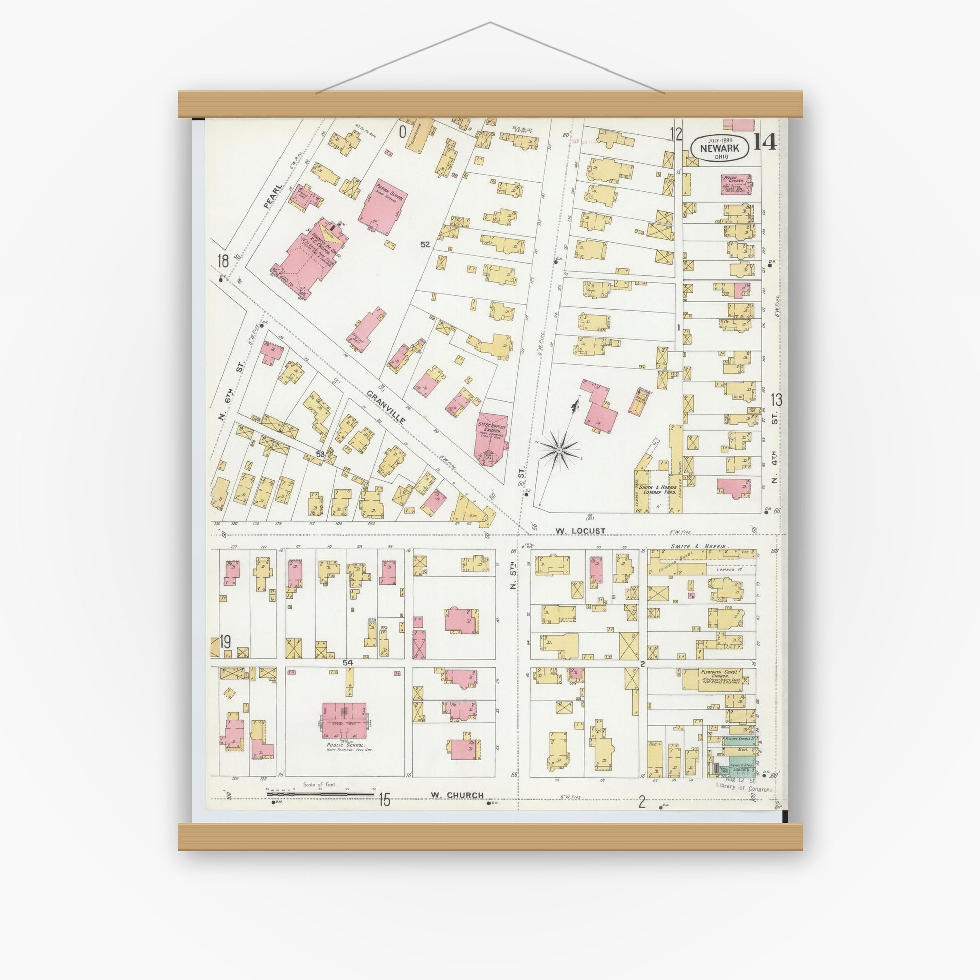 Old map wall art mockup — magnetic wood frame on white wall — Sanborn Fire Insurance Map from Newark, Licking County, Ohio (1899), Sheet #0014