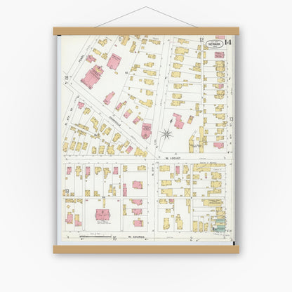 Old map wall art mockup — magnetic wood frame on white wall — Sanborn Fire Insurance Map from Newark, Licking County, Ohio (1899), Sheet #0014