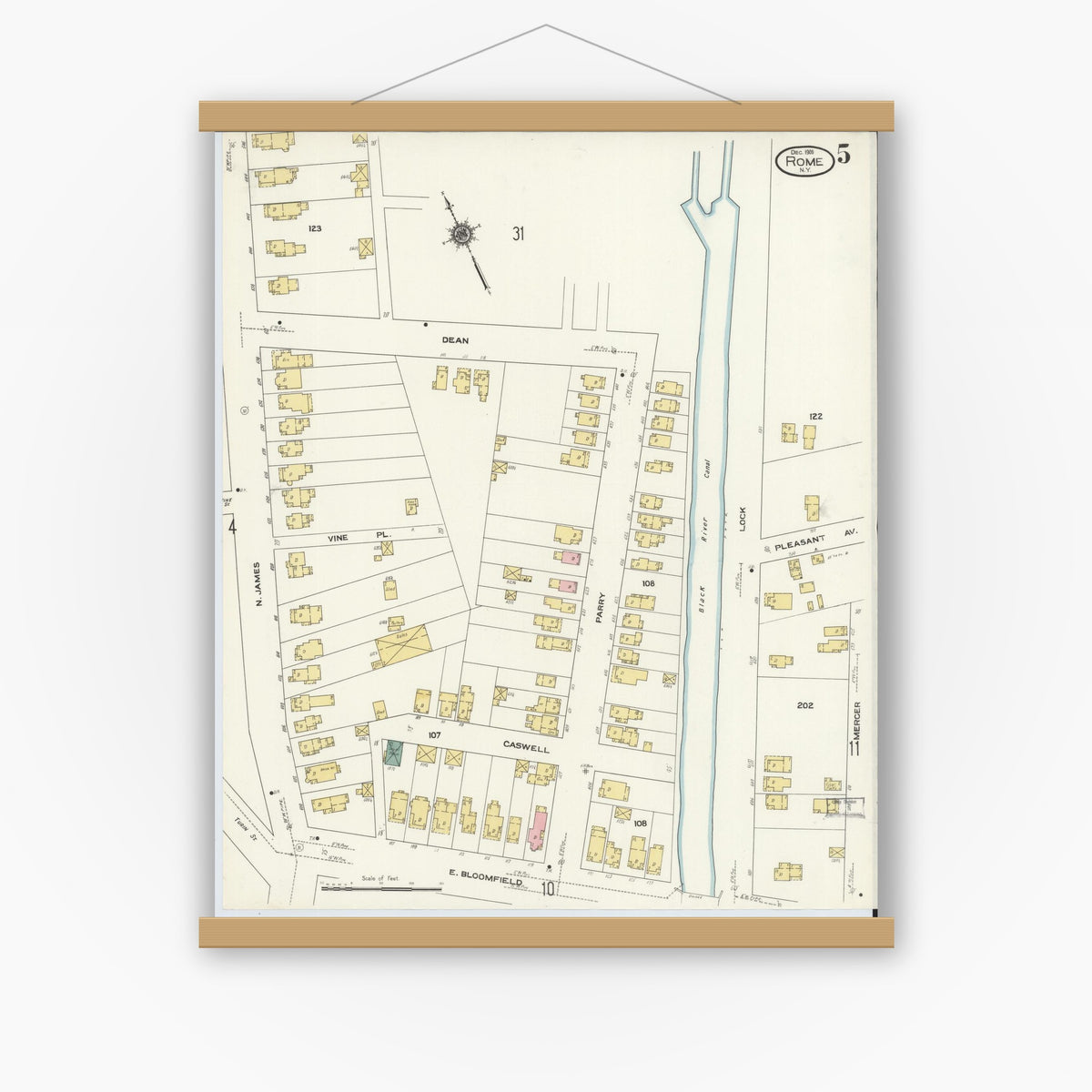 Old map wall art mockup — magnetic wood frame on white wall — Sanborn Fire Insurance Map from Rome, Oneida County, New York (1909), Sheet #0005