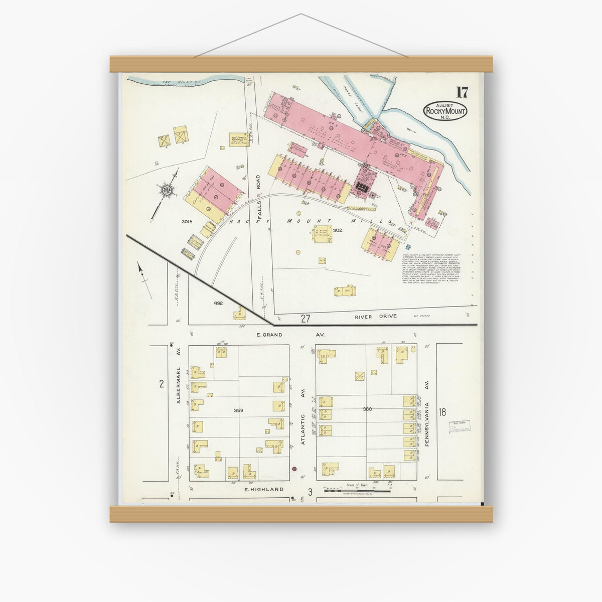 Old map wall art mockup — magnetic wood frame on white wall — Sanborn Fire Insurance Map from Rocky Mount, Edgecombe And Nash Counties, North Carolina (1917), Sheet #0017