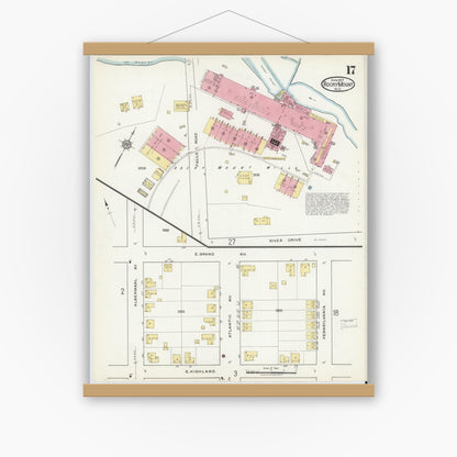 Old map wall art mockup — magnetic wood frame on white wall — Sanborn Fire Insurance Map from Rocky Mount, Edgecombe And Nash Counties, North Carolina (1917), Sheet #0017
