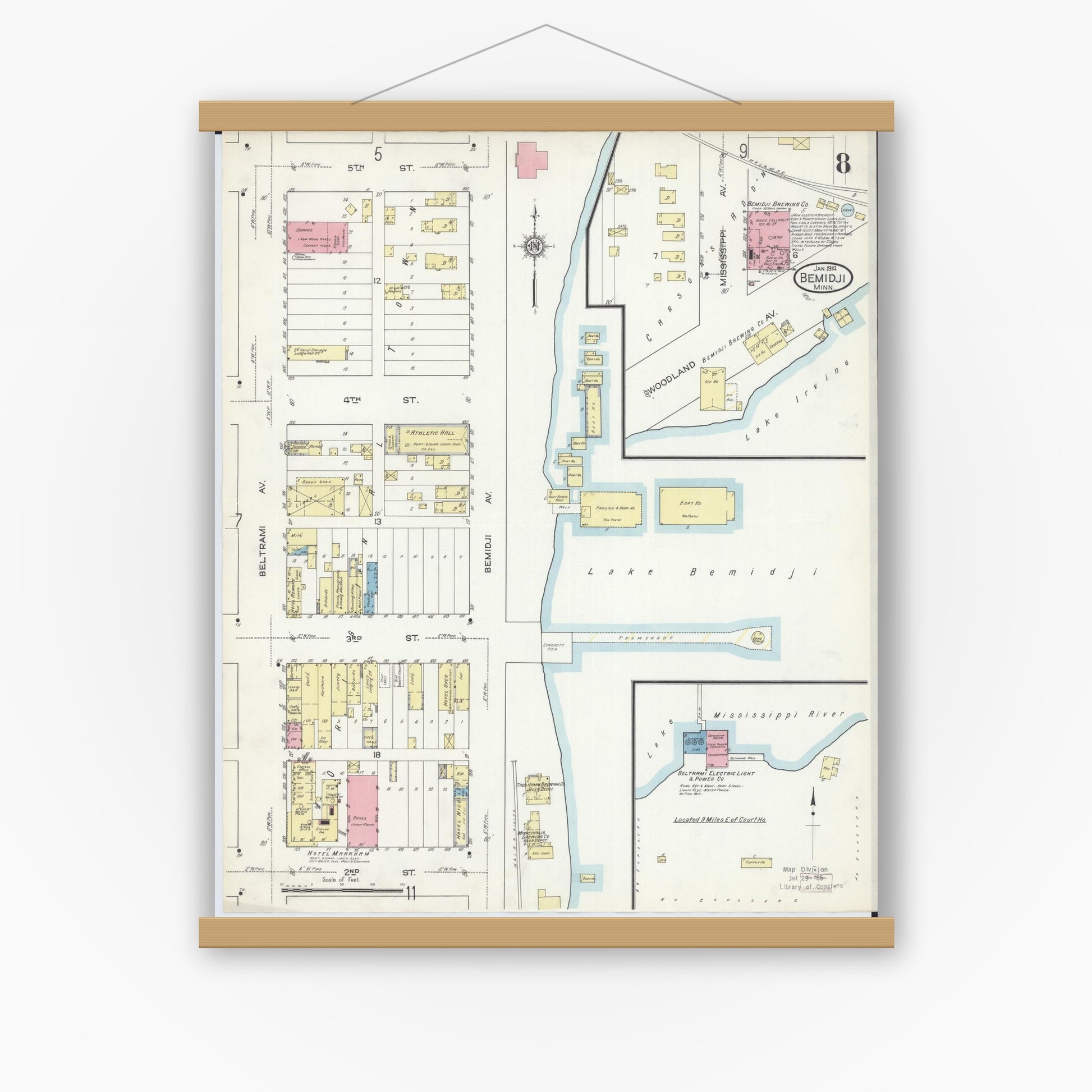 Old map wall art mockup — magnetic wood frame on white wall — Sanborn Fire Insurance Map from Bemidji, Beltrami County, Minnesota (1914), Sheet #0008