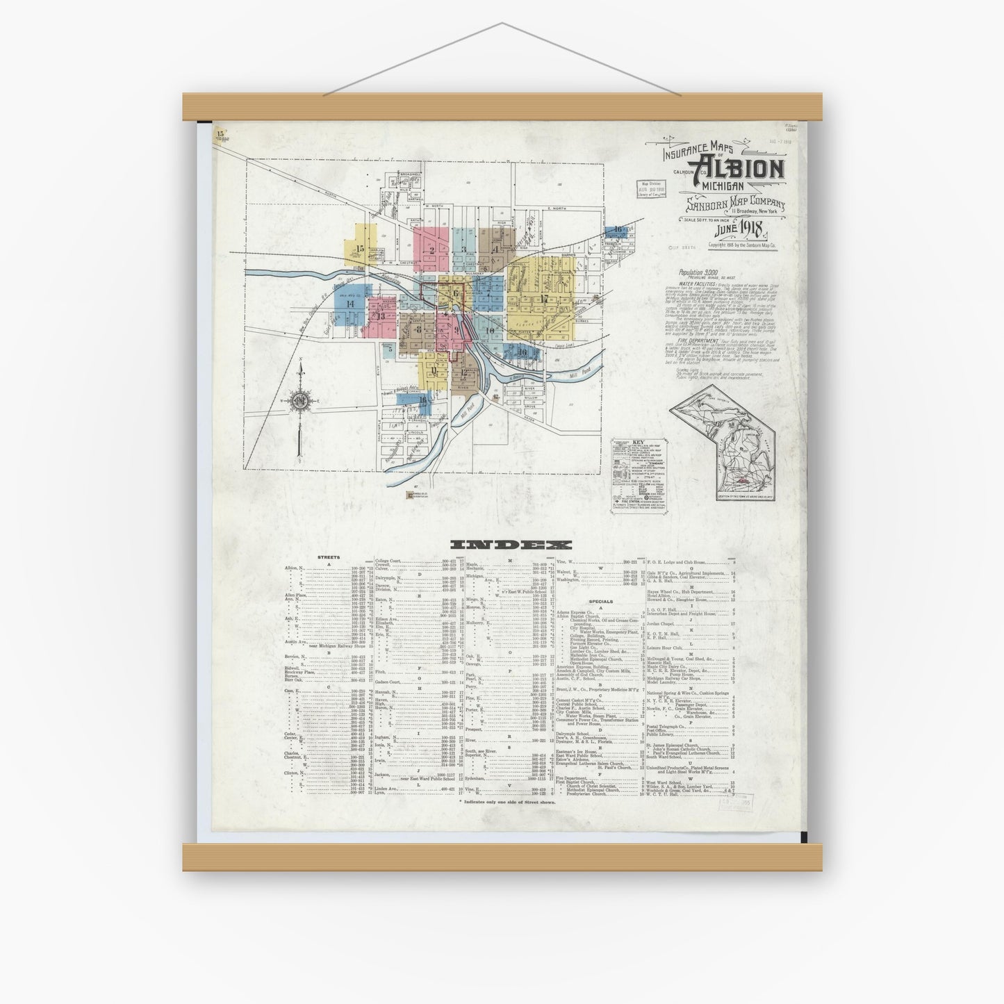Old map wall art mockup — magnetic wood frame on white wall — Sanborn Fire Insurance Map from Albion, Calhoun County, Michigan (1918) - Complete Map Set