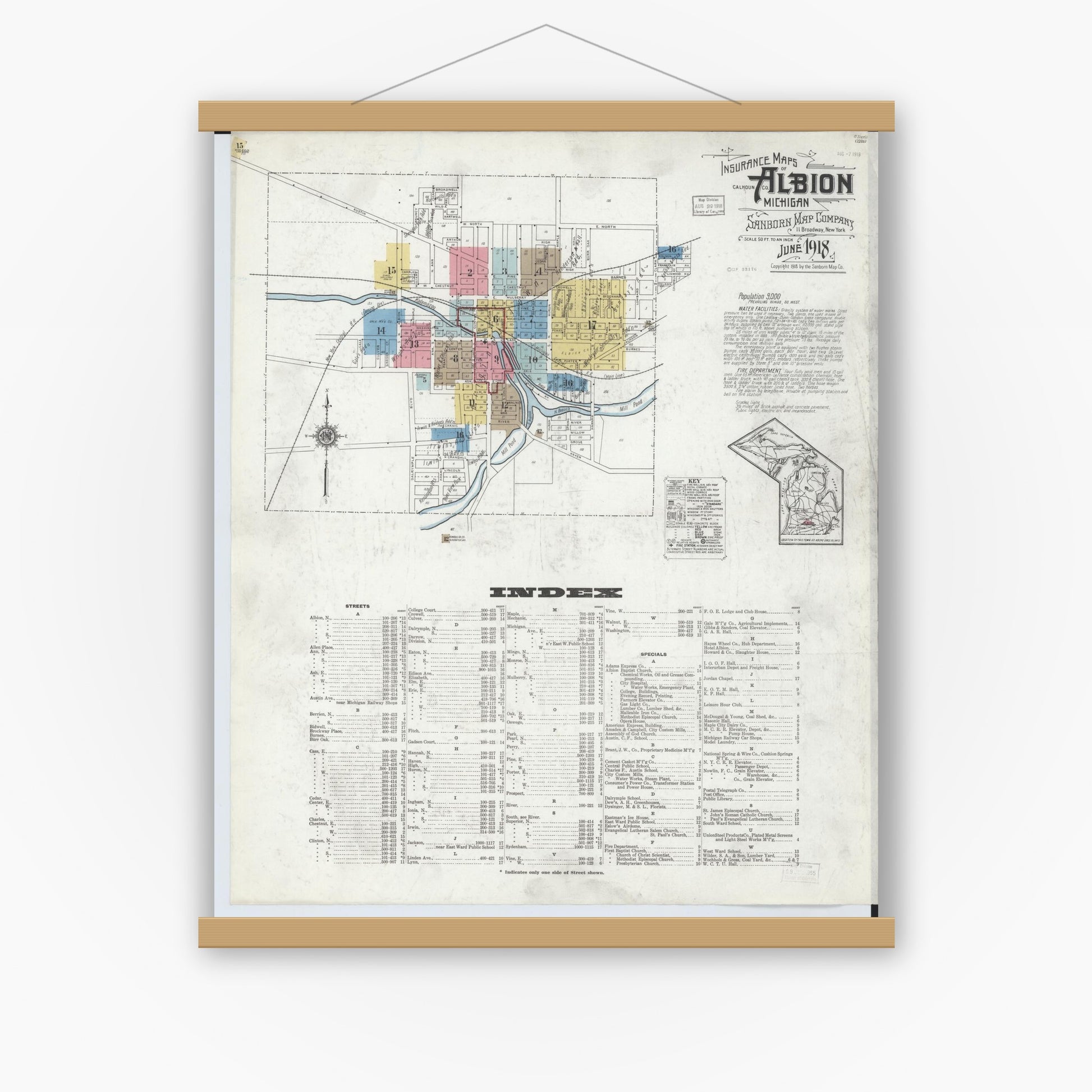 Old map wall art mockup — magnetic wood frame on white wall — Sanborn Fire Insurance Map from Albion, Calhoun County, Michigan (1918) - Complete Map Set