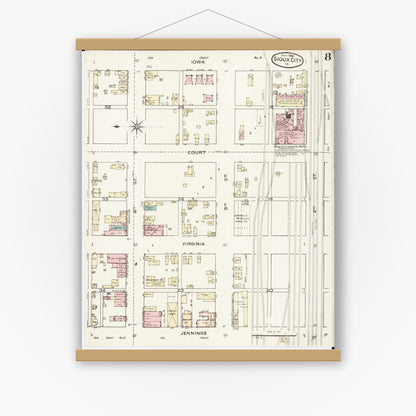 Old map wall art mockup — magnetic wood frame on white wall — Sanborn Fire Insurance Map from Sioux City, Woodbury County, Iowa (1886), Sheet #0008