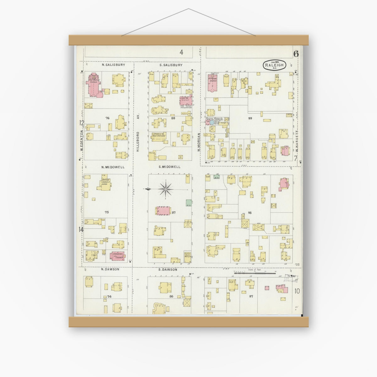 Old map wall art mockup — magnetic wood frame on white wall — Sanborn Fire Insurance Map from Raleigh, Wake County, North Carolina (1896), Sheet #0006