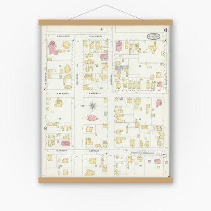 Old map wall art mockup — magnetic wood frame on white wall — Sanborn Fire Insurance Map from Raleigh, Wake County, North Carolina (1896), Sheet #0006
