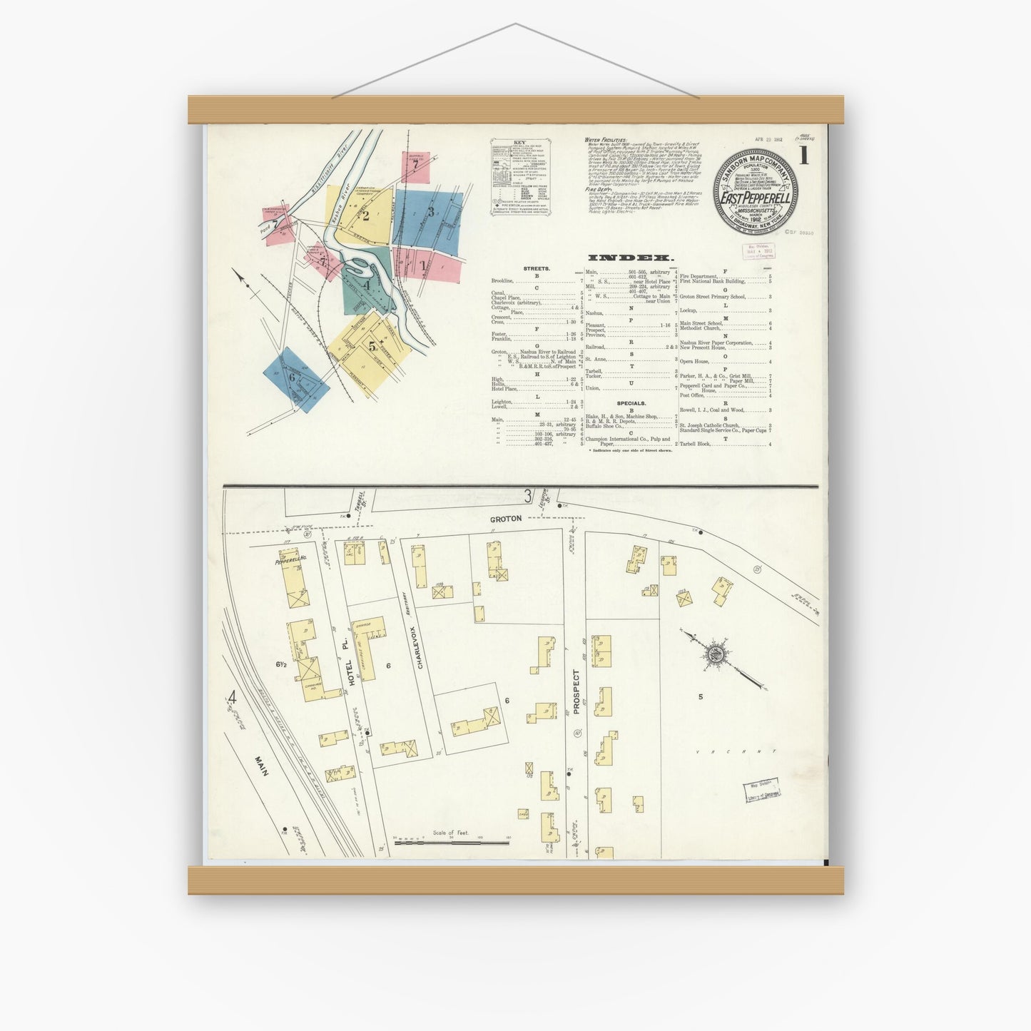 Old map wall art mockup — magnetic wood frame on white wall — Sanborn Fire Insurance Map from East Pepperell, Middlesex County, Massachusetts (1912) - Complete Map Set