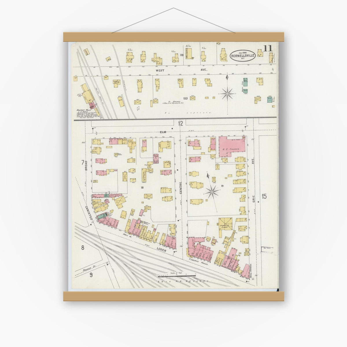 Old map wall art mockup — magnetic wood frame on white wall — Sanborn Fire Insurance Map from Hornell, Steuben County, New York (1898), Sheet #0011