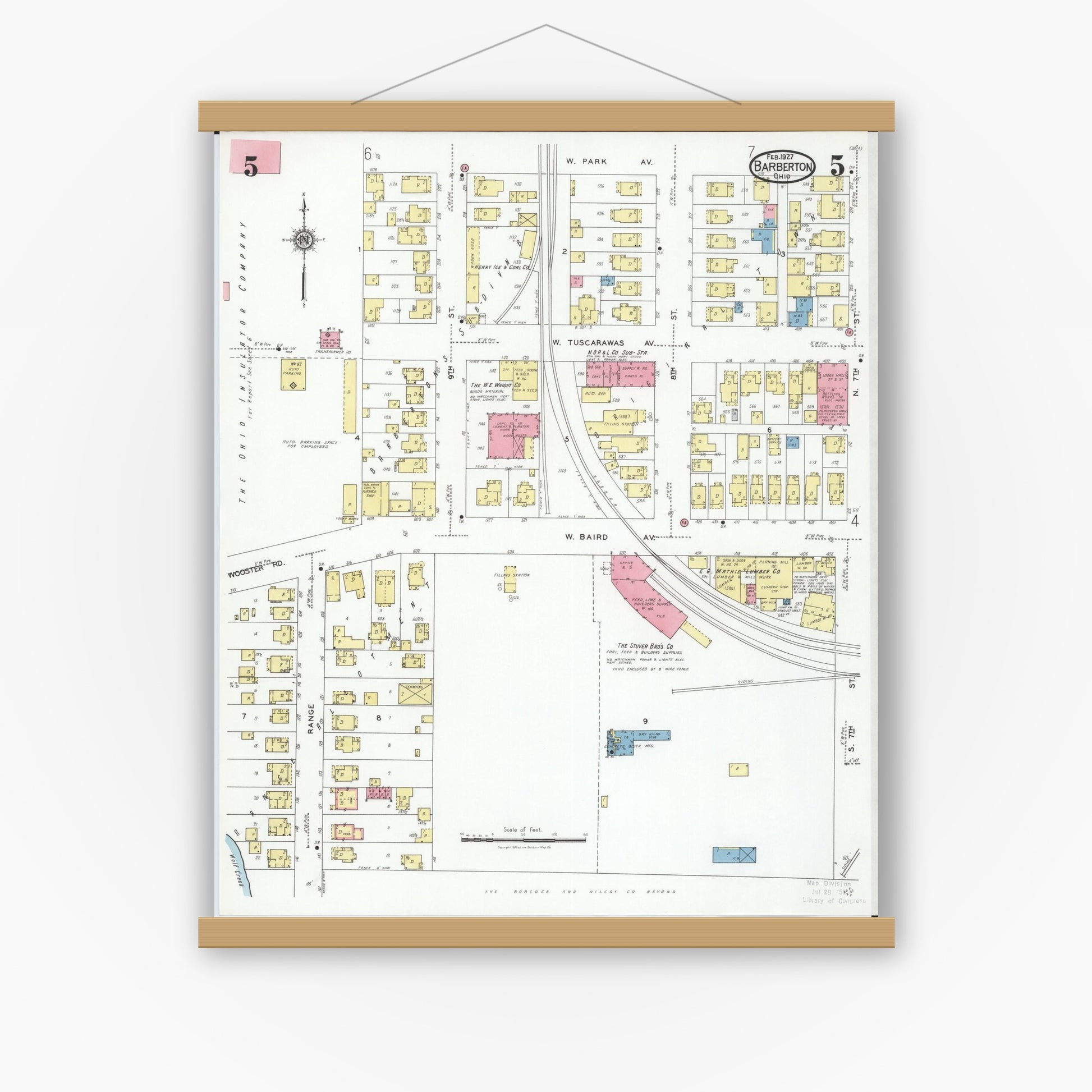Old map wall art mockup — magnetic wood frame on white wall — Sanborn Fire Insurance Map from Barberton, Summit County, Ohio (1927), Sheet #0005