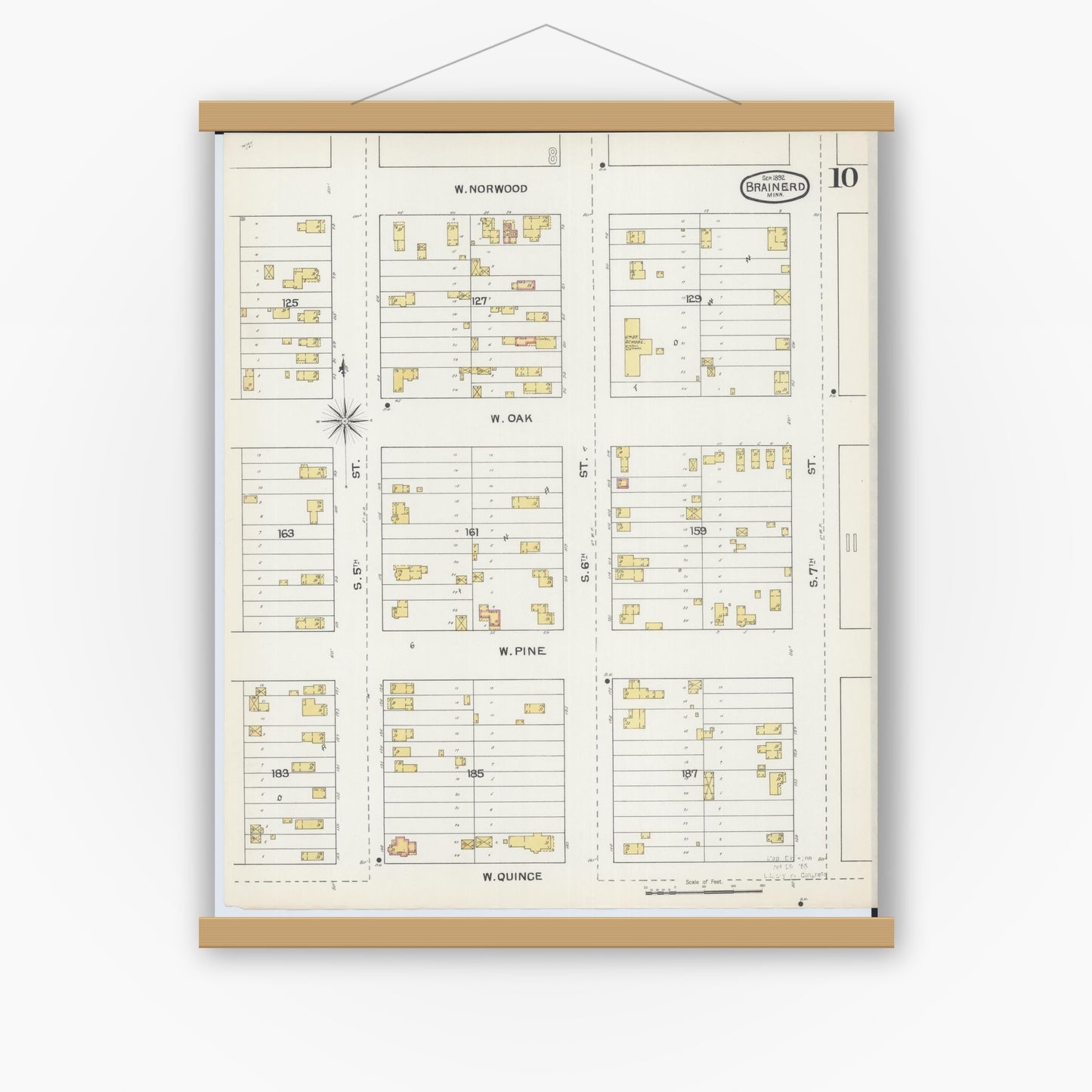 Old map wall art mockup — magnetic wood frame on white wall — Sanborn Fire Insurance Map from Brainerd, Crow Wing County, Minnesota (1892), Sheet #0010