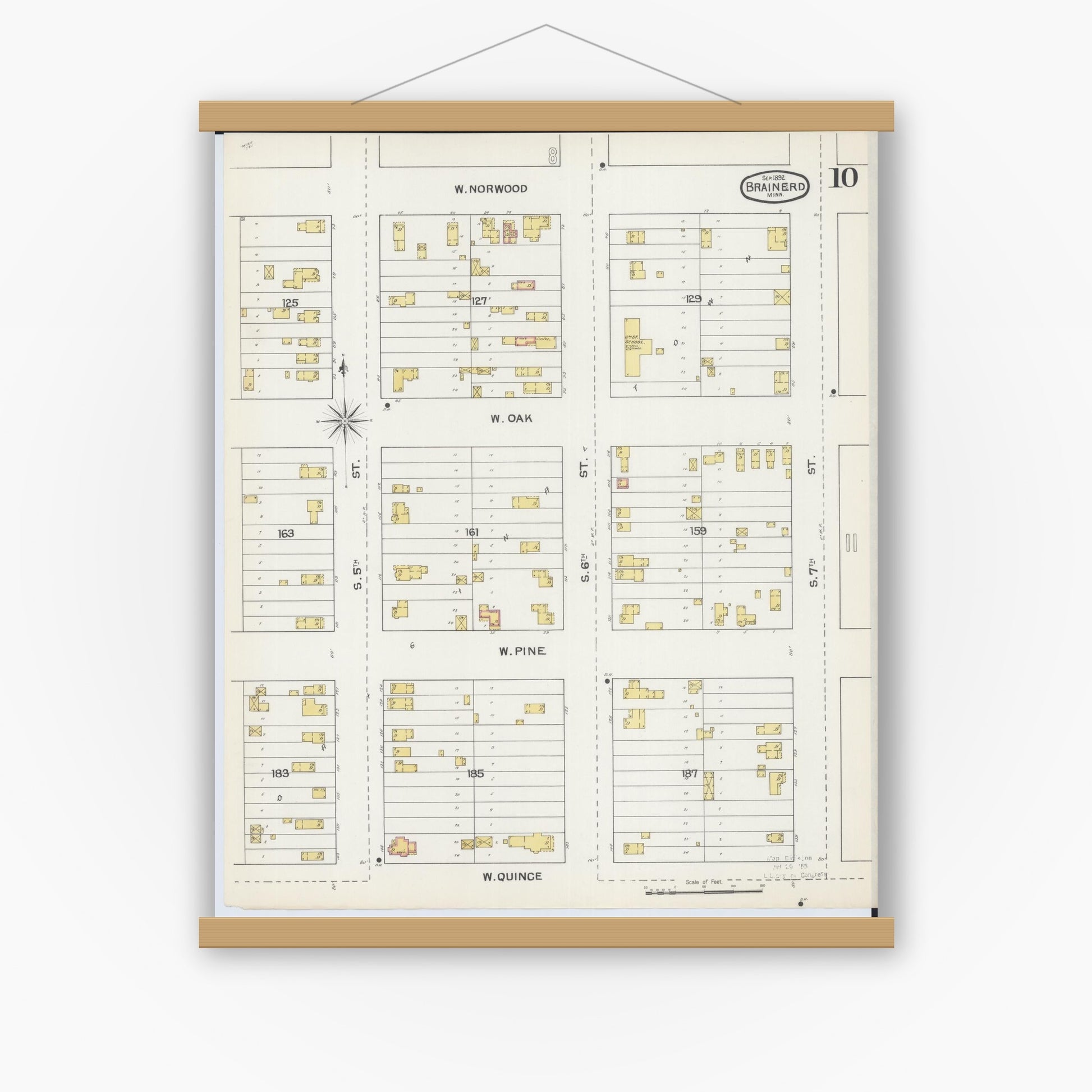 Old map wall art mockup — magnetic wood frame on white wall — Sanborn Fire Insurance Map from Brainerd, Crow Wing County, Minnesota (1892), Sheet #0010