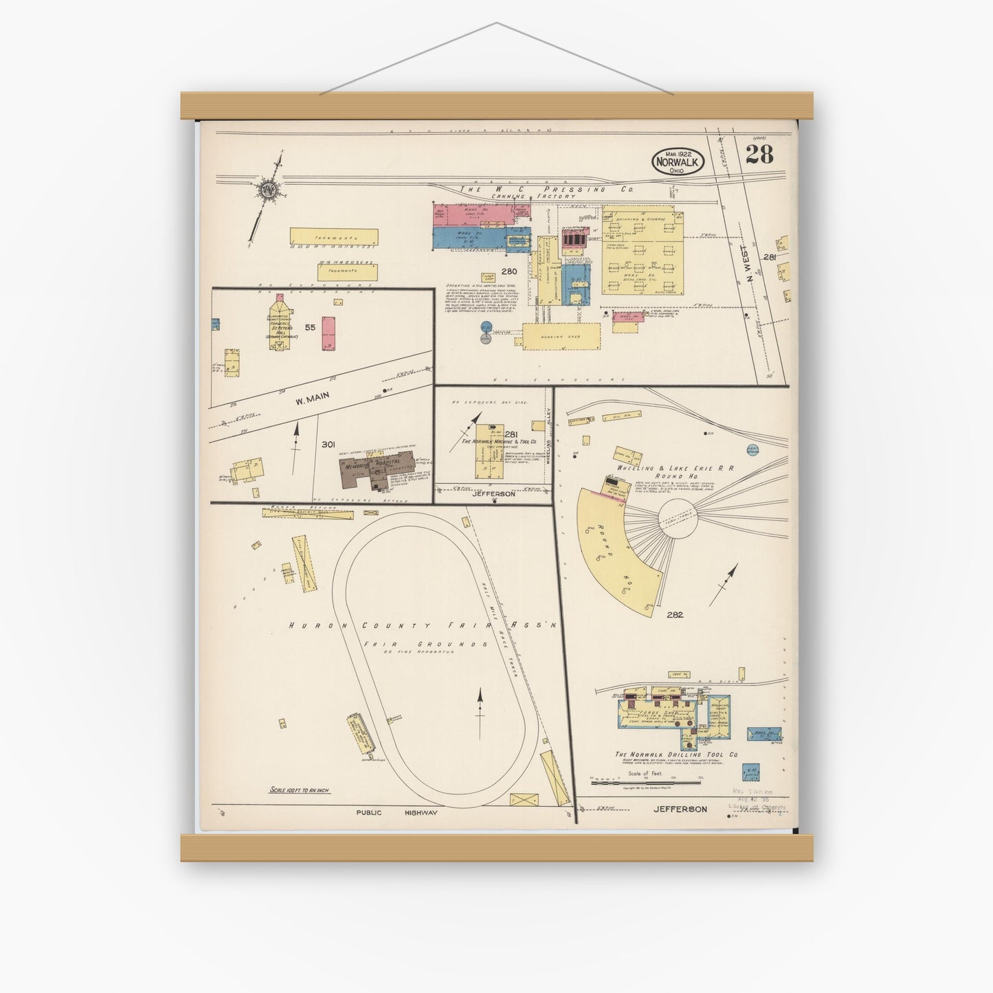 Old map wall art mockup — magnetic wood frame on white wall — Sanborn Fire Insurance Map from Norwalk, Huron County, Ohio (1922), Sheet #0028