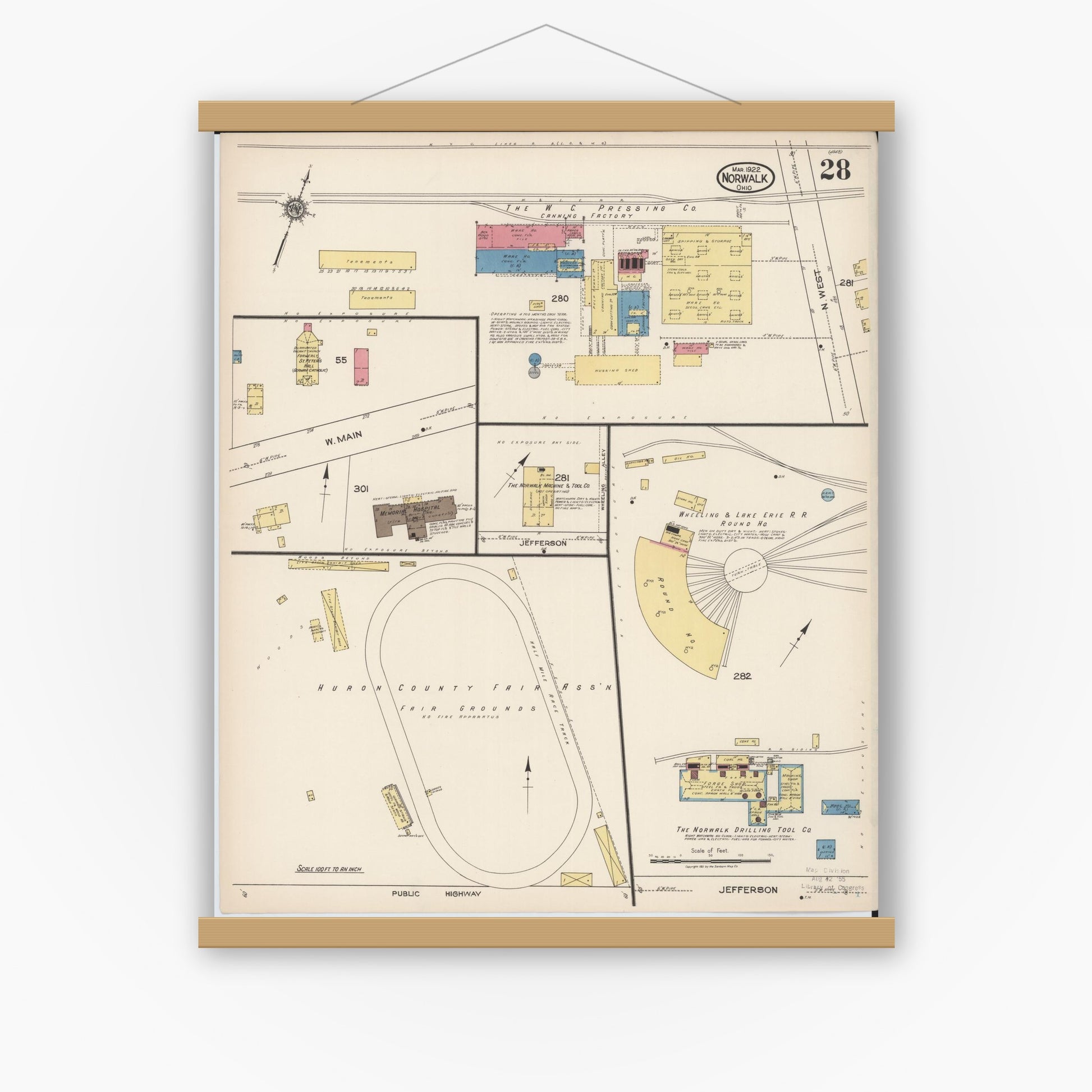 Old map wall art mockup — magnetic wood frame on white wall — Sanborn Fire Insurance Map from Norwalk, Huron County, Ohio (1922), Sheet #0028